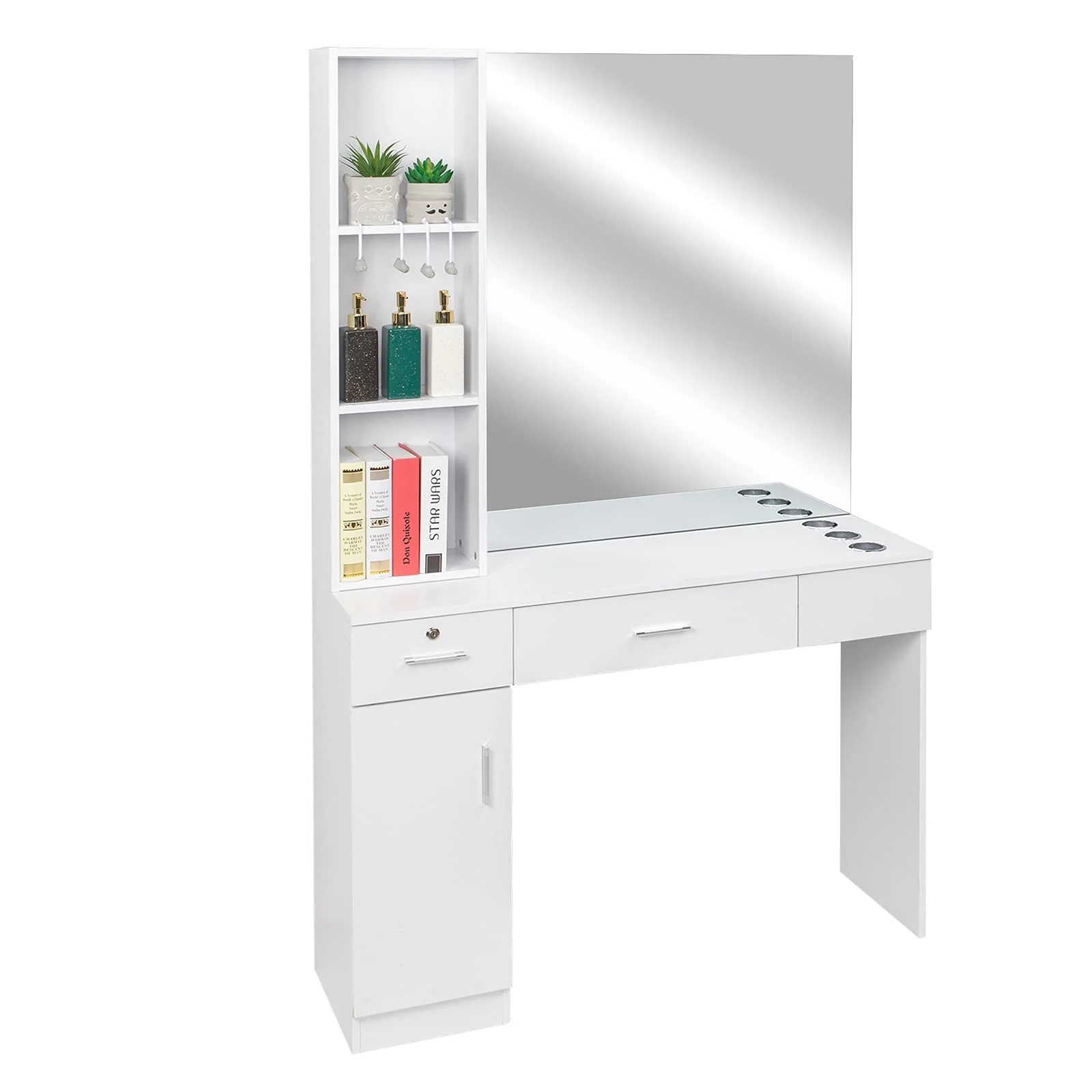 OmySalon HSC-09 Wall Mount Barber Station 2 Drawers 1 Storage Cabinet 3 Open Shelves with Mirror & Support Leg - Image 9