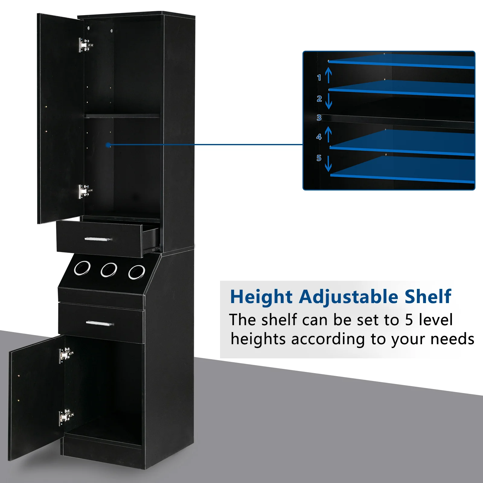 OmySalon HSC-14 Barber Storage Station Cabinet w/2 Drawers 2-Tier Storage Shelf Cabinet 1 Storage Cabinet 3 Hot Tool Holders - Image 4