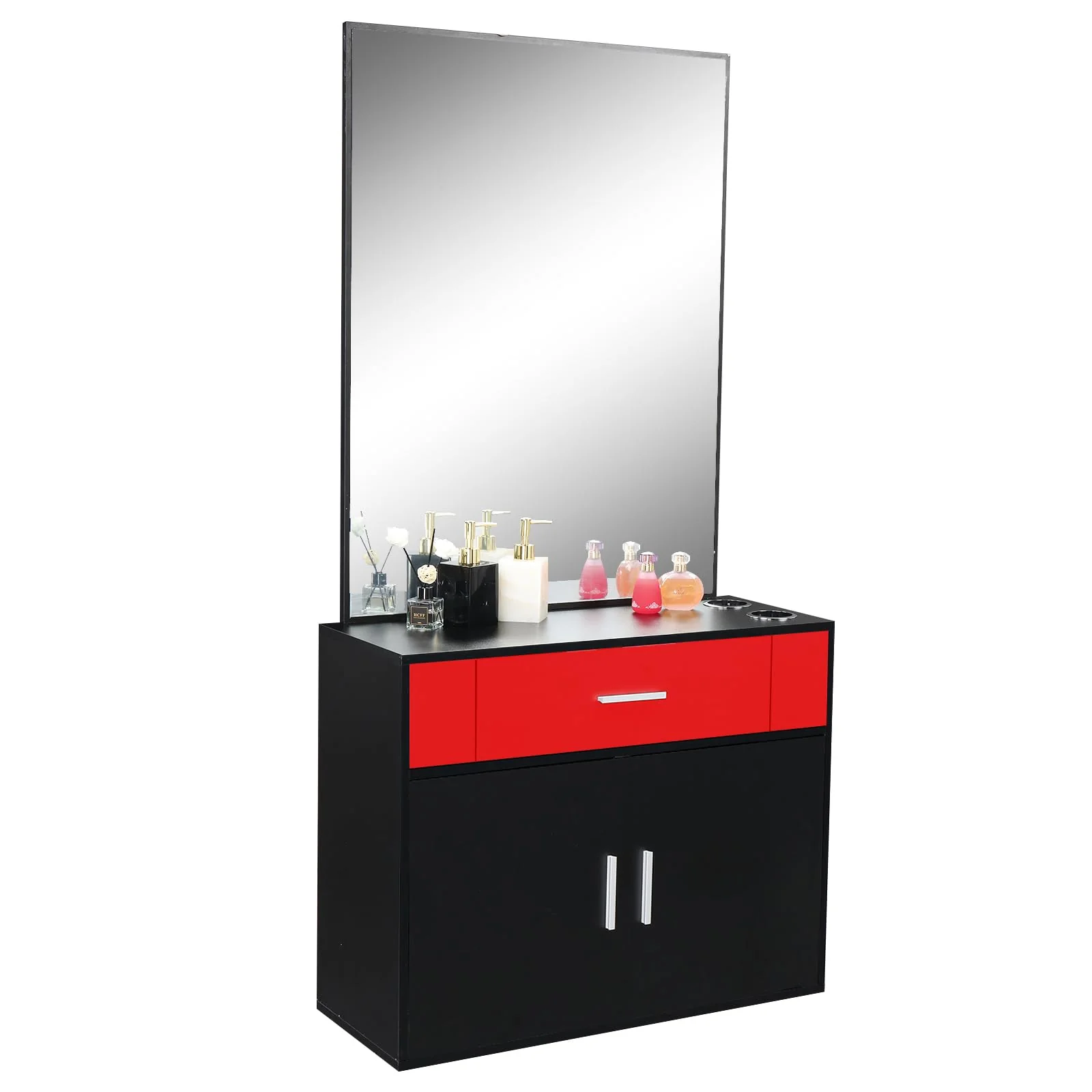 OmySalon Wall Mount Salon Station with Mirror 1 Drawer 1 Storage Cabinet 2 Hair Dryer Holders Black/Black & Red - Image 10