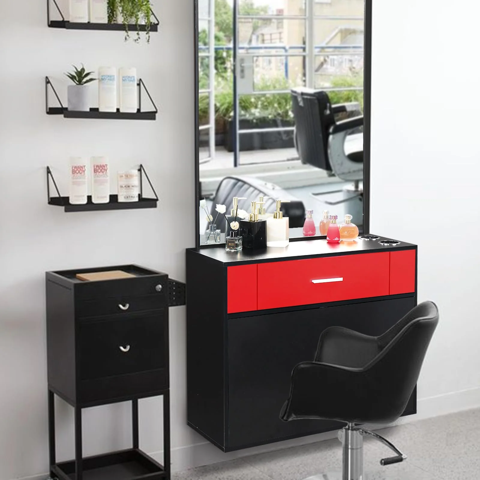 OmySalon Wall Mount Salon Station with Mirror 1 Drawer 1 Storage Cabinet 2 Hair Dryer Holders Black/Black & Red - Image 11
