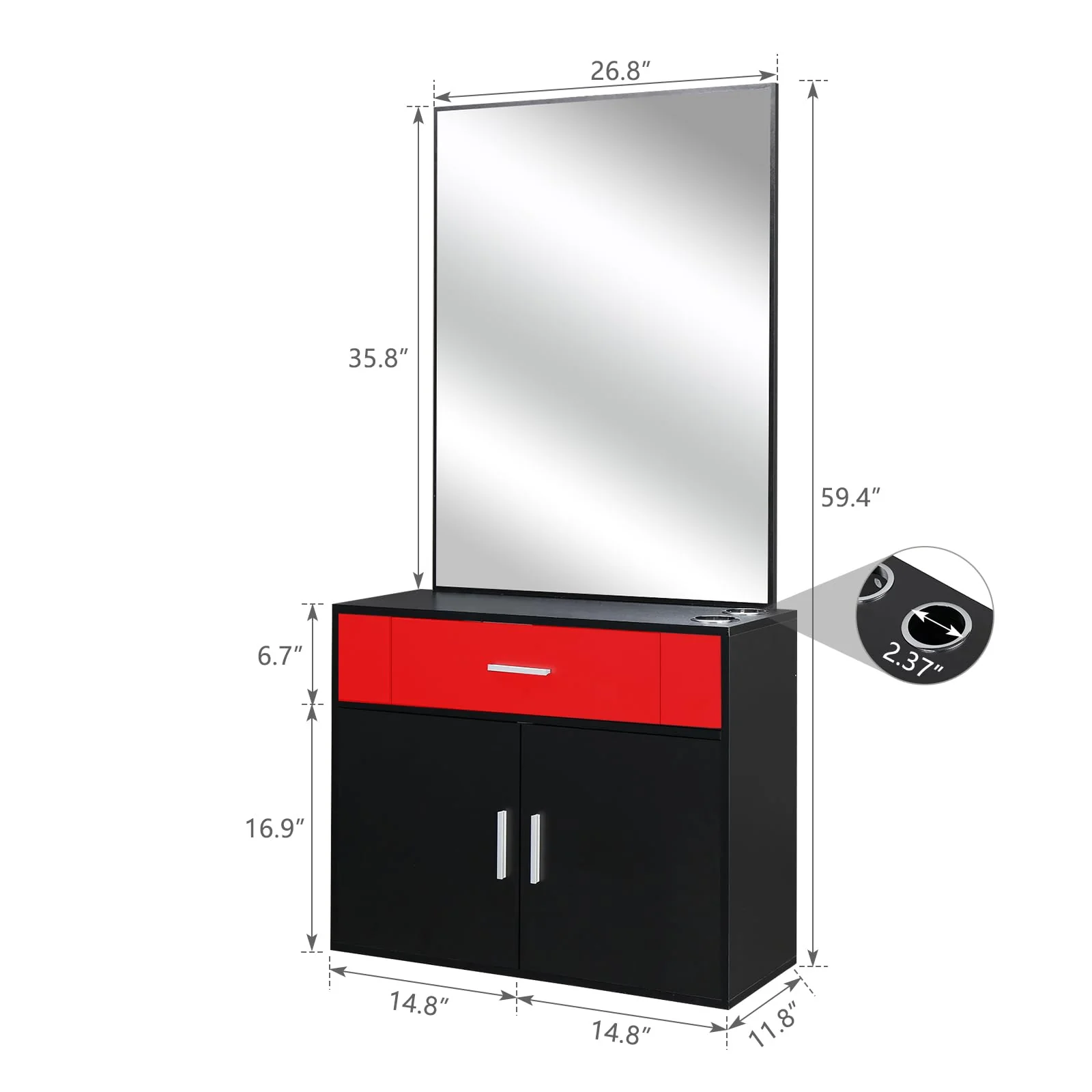 OmySalon Wall Mount Salon Station with Mirror 1 Drawer 1 Storage Cabinet 2 Hair Dryer Holders Black/Black & Red - Image 12