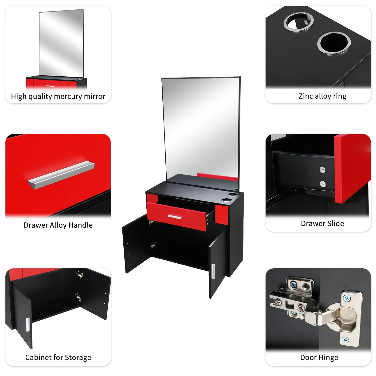 OmySalon Wall Mount Salon Station with Mirror 1 Drawer 1 Storage Cabinet 2 Hair Dryer Holders Black/Black & Red - Image 13