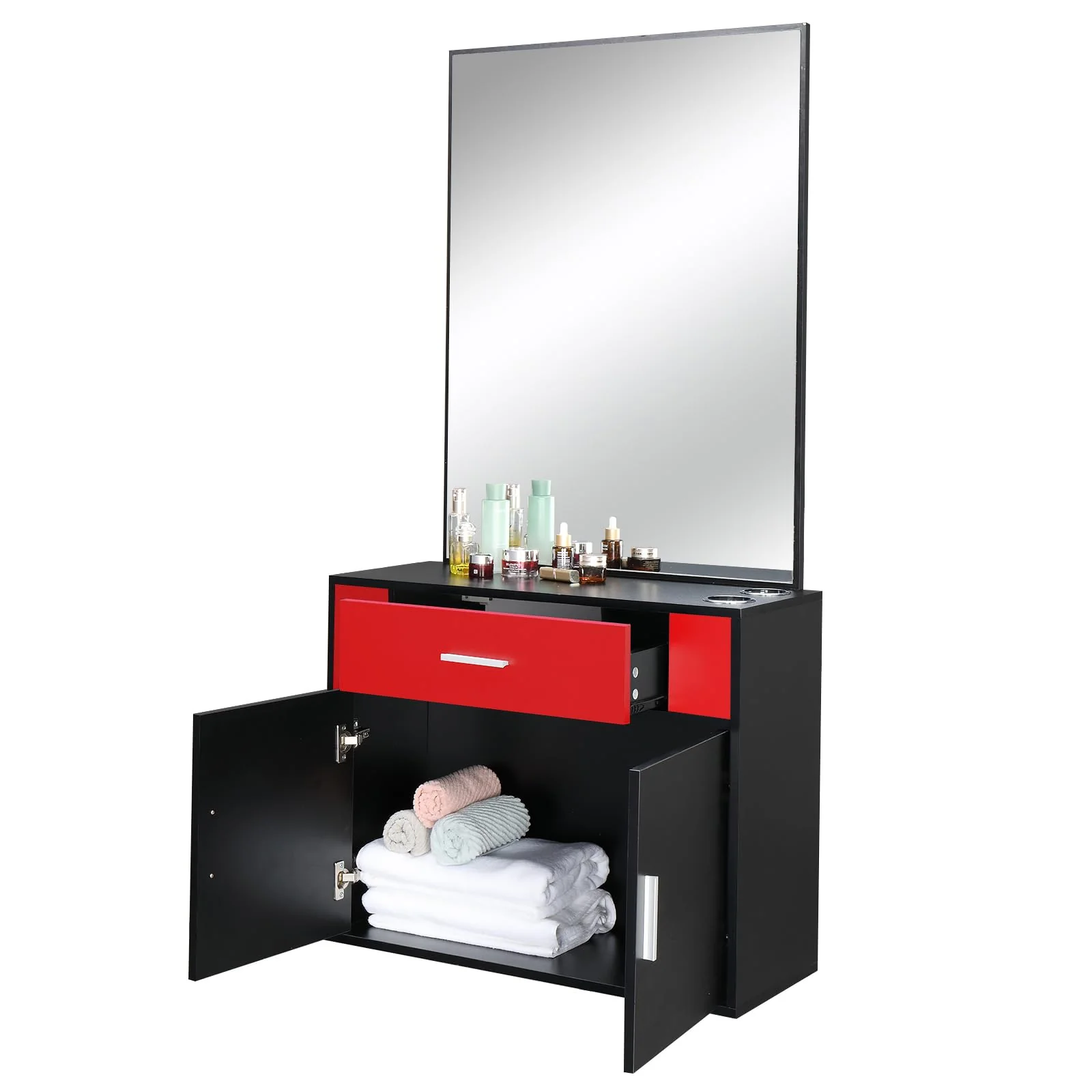 OmySalon Wall Mount Salon Station with Mirror 1 Drawer 1 Storage Cabinet 2 Hair Dryer Holders Black/Black & Red - Image 14