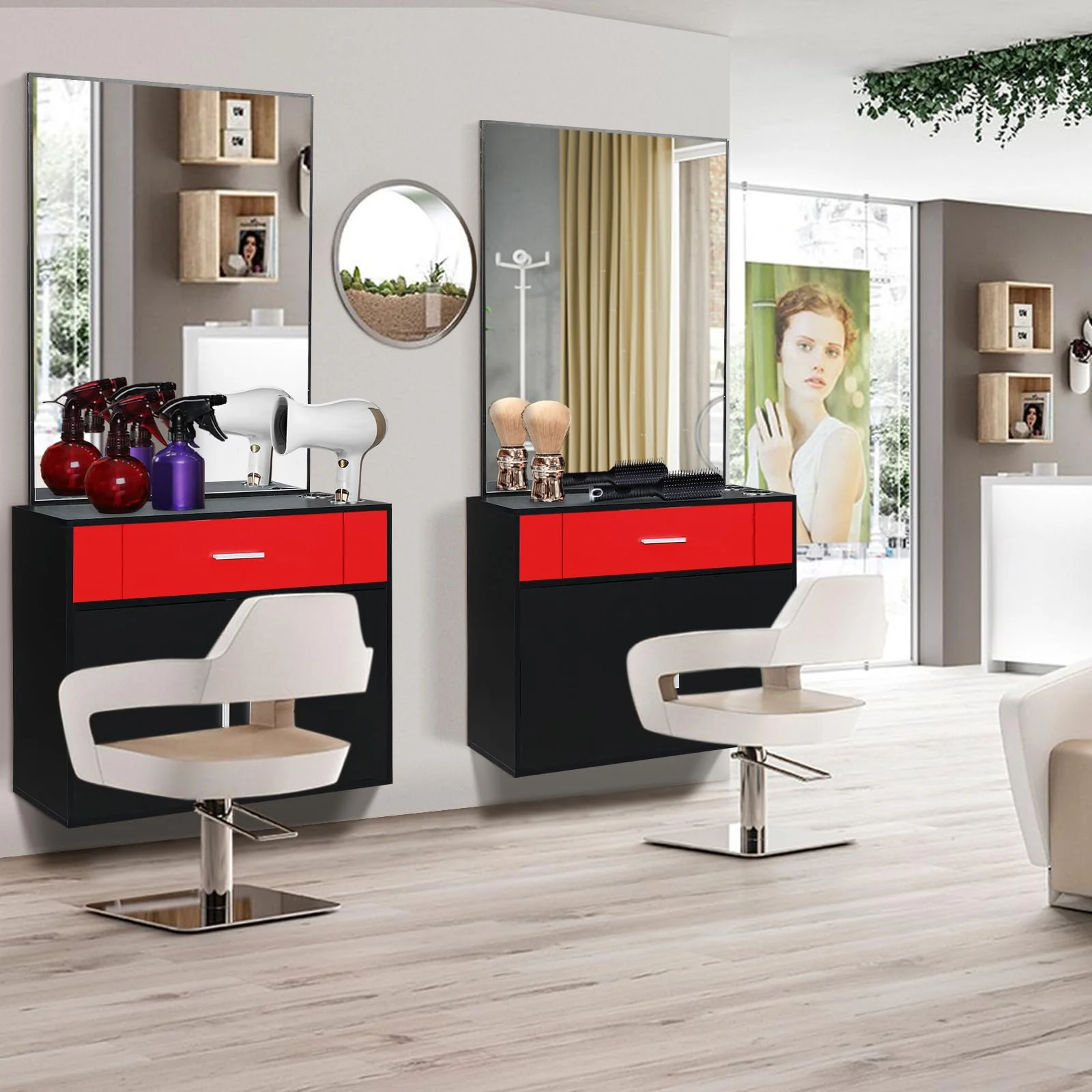 OmySalon Wall Mount Salon Station with Mirror 1 Drawer 1 Storage Cabinet 2 Hair Dryer Holders Black/Black & Red - Image 15