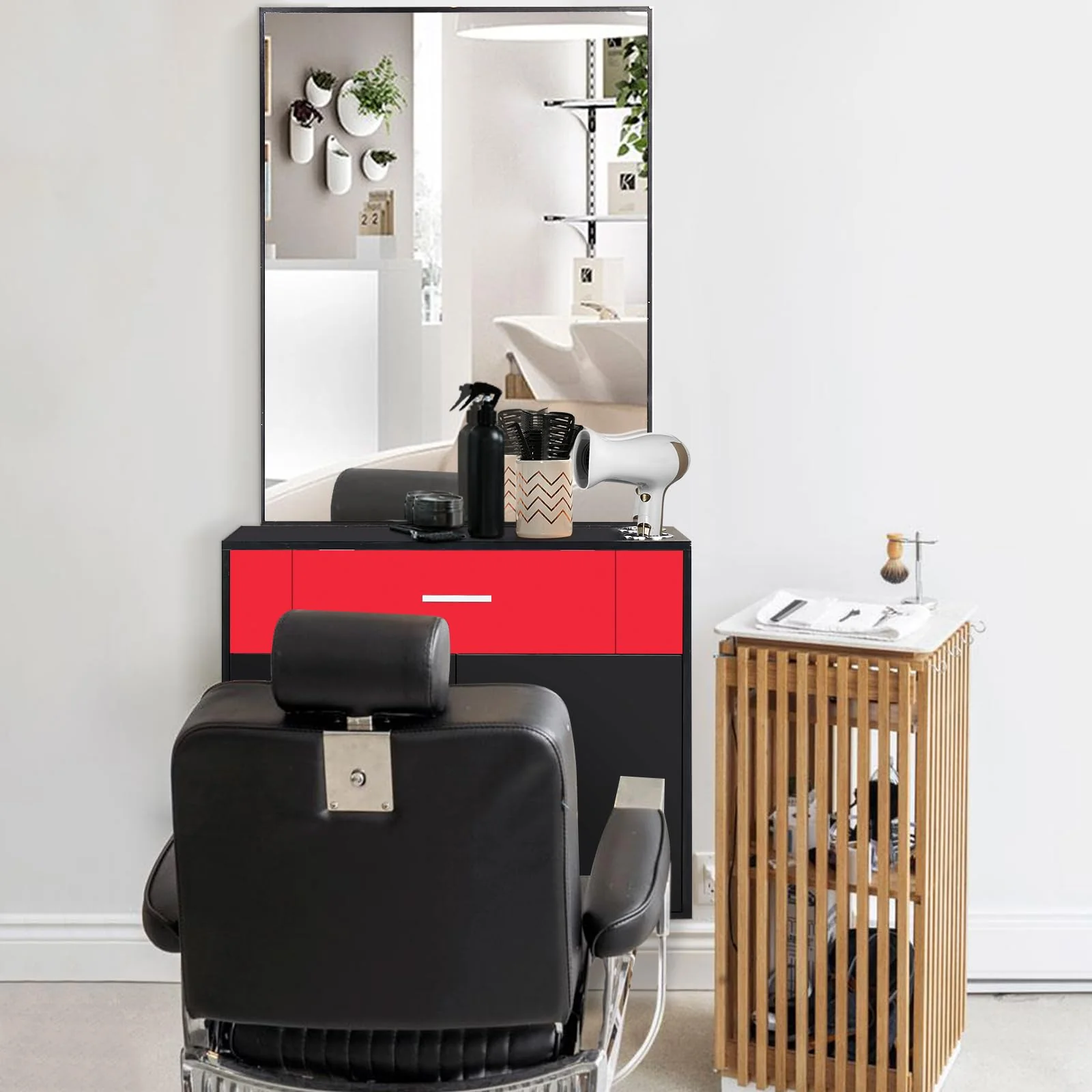 OmySalon Wall Mount Salon Station with Mirror 1 Drawer 1 Storage Cabinet 2 Hair Dryer Holders Black/Black & Red - Image 16