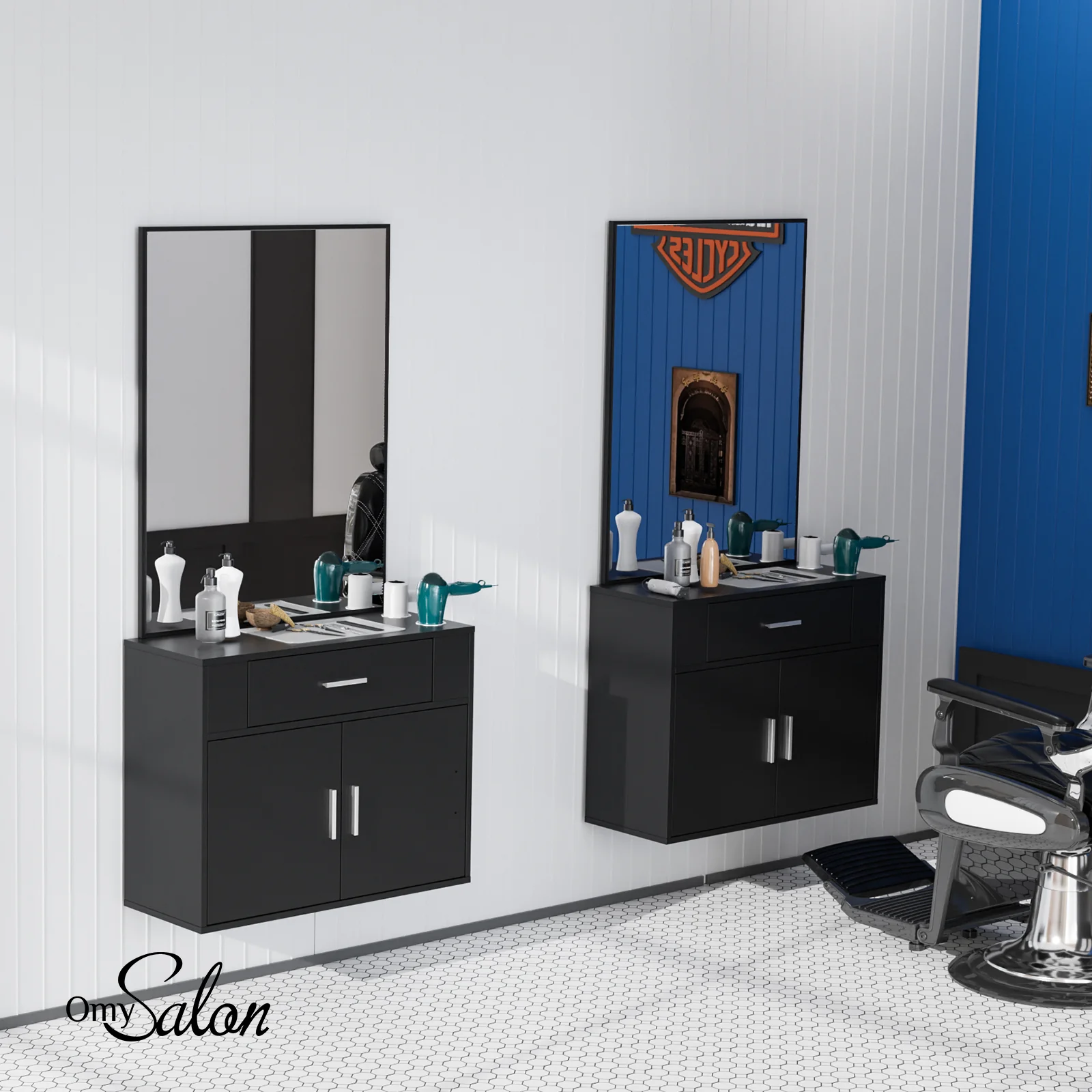 OmySalon Wall Mount Salon Station with Mirror 1 Drawer 1 Storage Cabinet 2 Hair Dryer Holders Black/Black & Red - Image 2