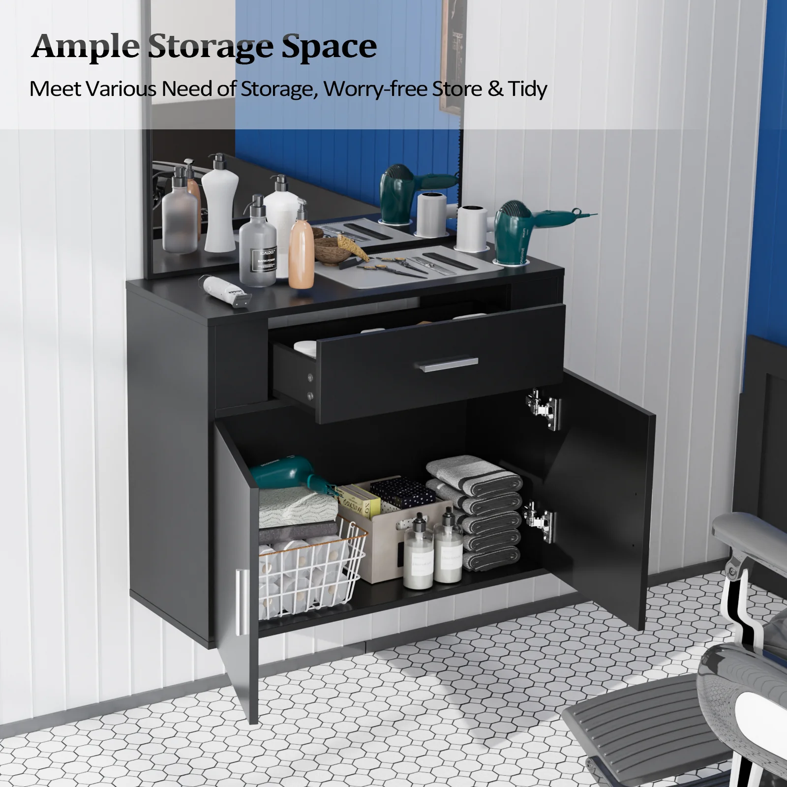 OmySalon Wall Mount Salon Station with Mirror 1 Drawer 1 Storage Cabinet 2 Hair Dryer Holders Black/Black & Red - Image 4
