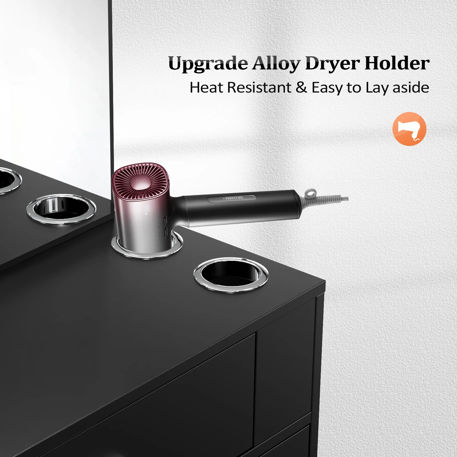 OmySalon Wall Mount Salon Station with Mirror 1 Drawer 1 Storage Cabinet 2 Hair Dryer Holders Black/Black & Red - Image 7