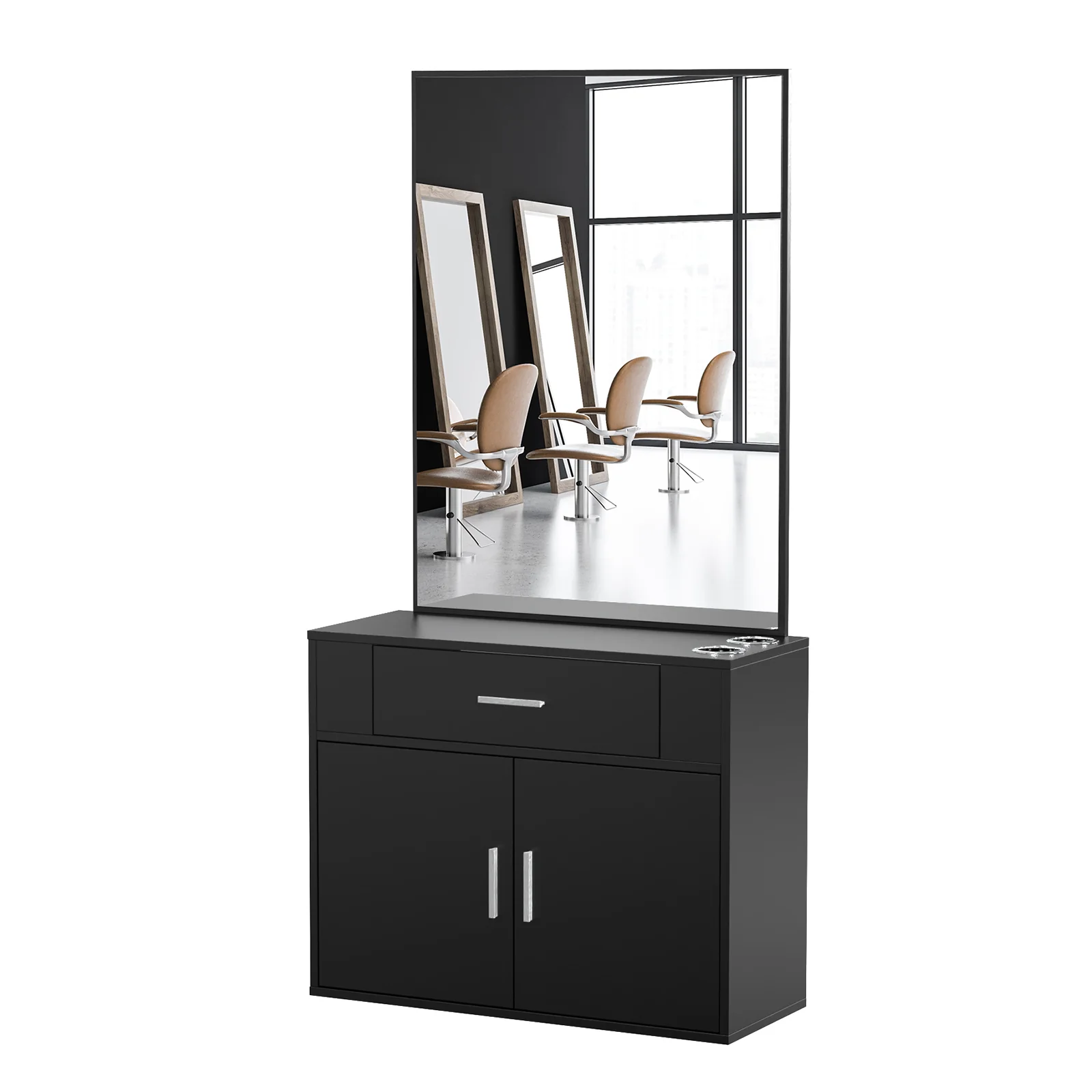 OmySalon Wall Mount Salon Station with Mirror 1 Drawer 1 Storage Cabinet 2 Hair Dryer Holders Black/Black & Red - Image 8