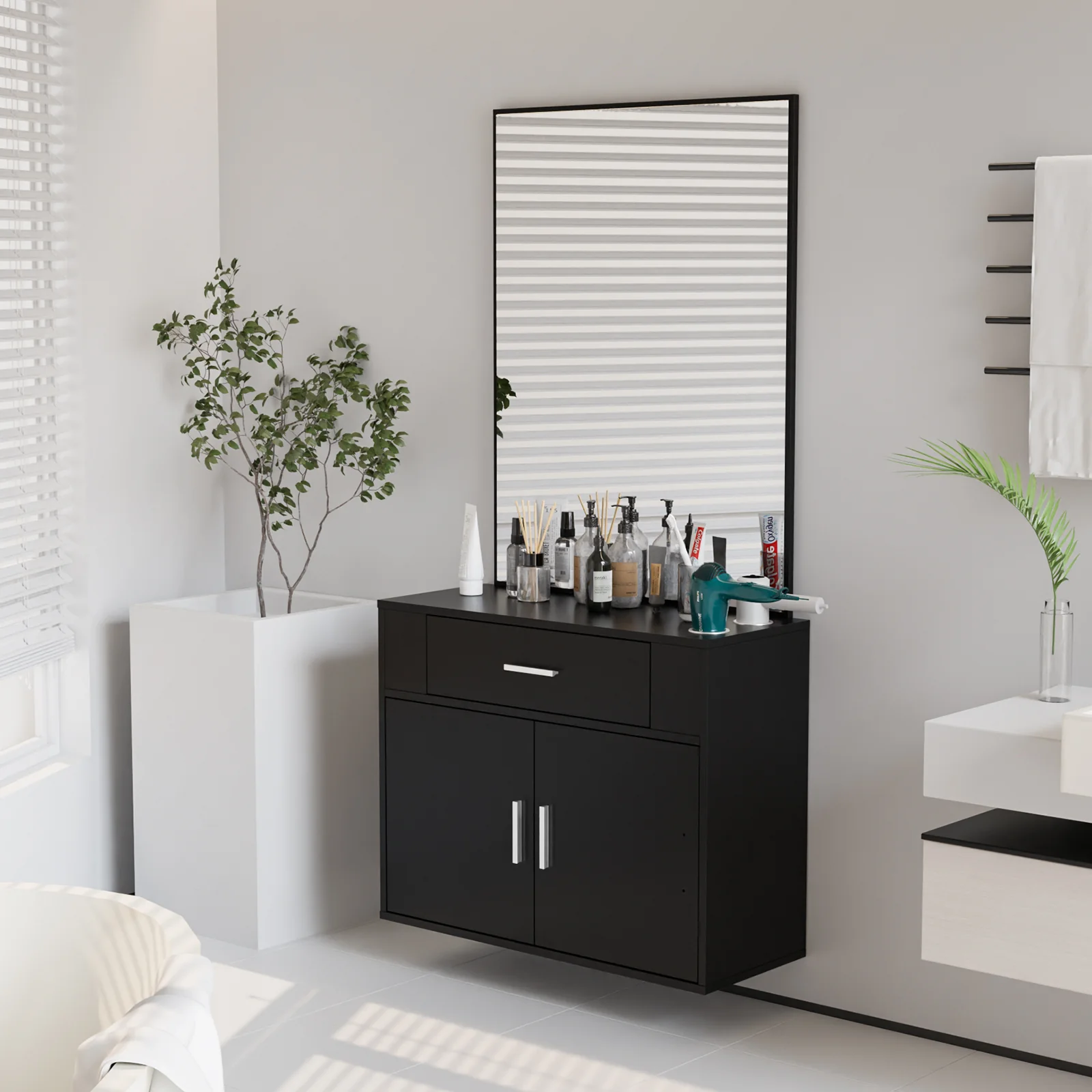 OmySalon Wall Mount Salon Station with Mirror 1 Drawer 1 Storage Cabinet 2 Hair Dryer Holders Black/Black & Red - Image 9