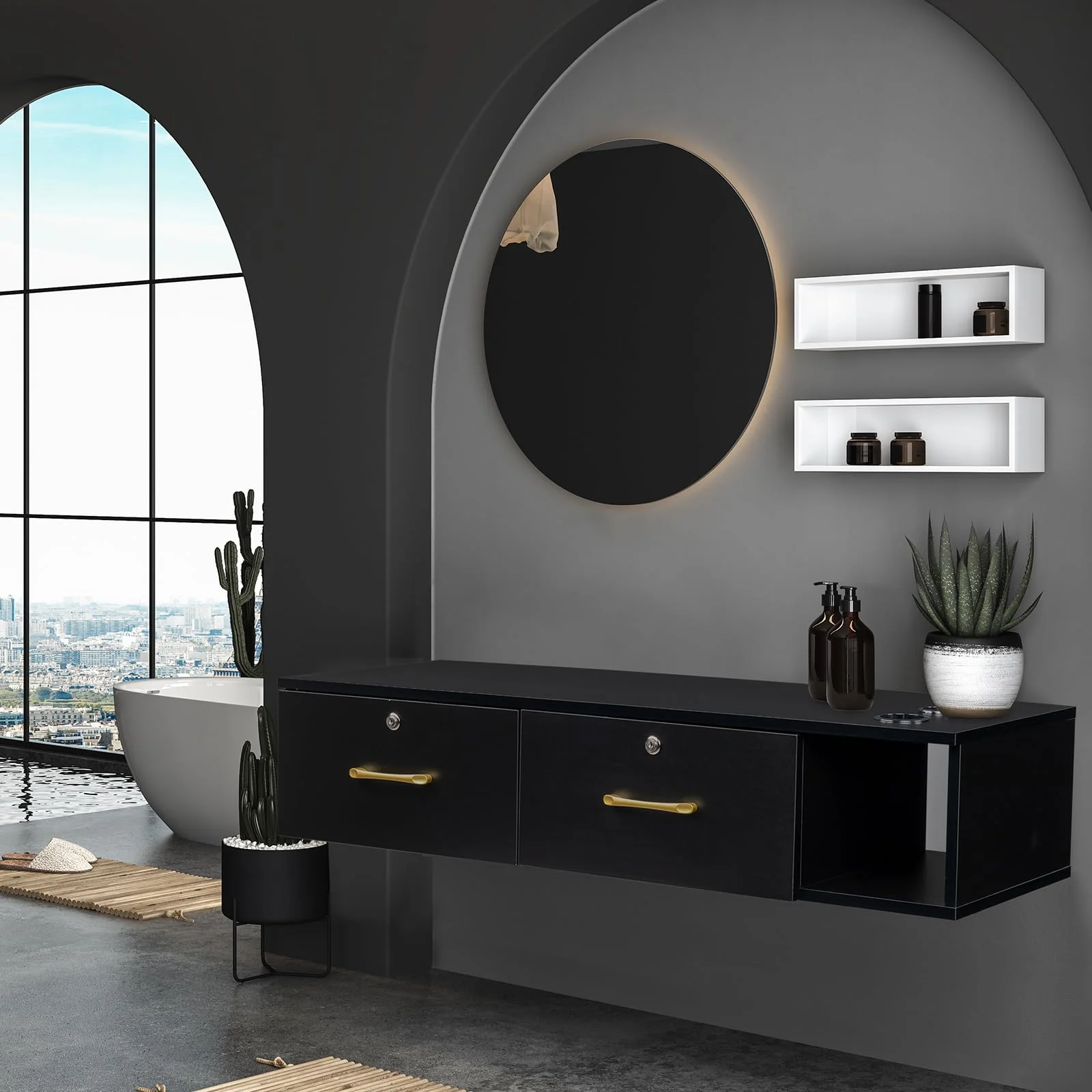 OmySalon PH467 Wall Mount Salon Styling Station w/2 Lockable Drawers 1 Side Open Space 3 Hair Dryer Holders - Image 9