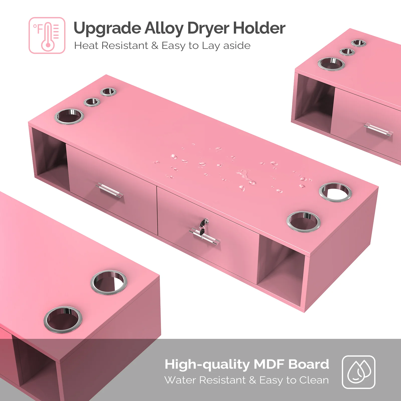 OmySalon HSC-17 Wall Mount Salon Styling Station w/2 Lockable Drawers 2 Side Open Space 5 Hair Dryer Holders - Image 10