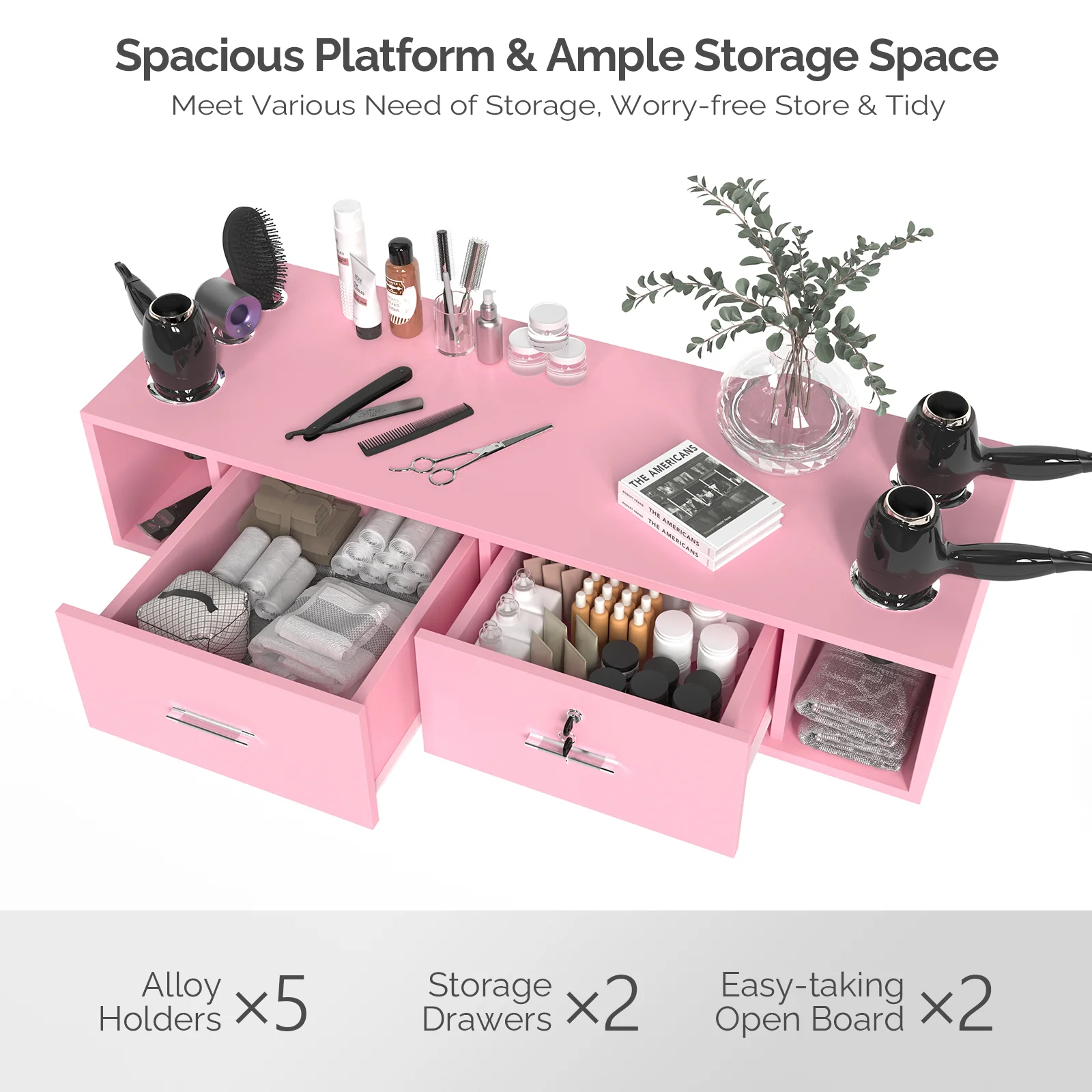 OmySalon HSC-17 Wall Mount Salon Styling Station w/2 Lockable Drawers 2 Side Open Space 5 Hair Dryer Holders - Image 13