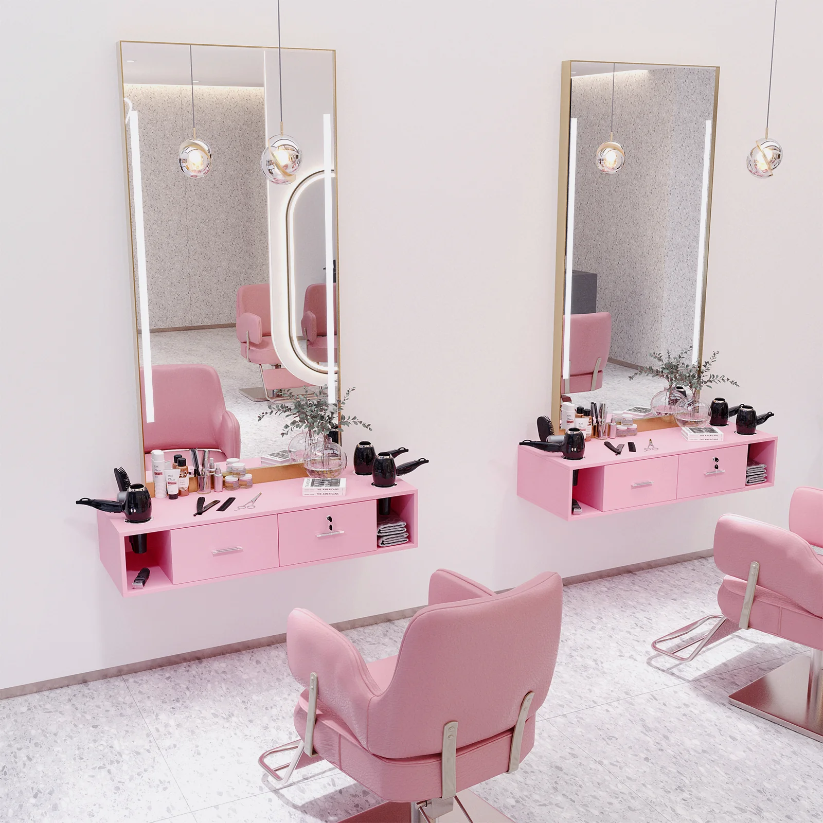 OmySalon HSC-17 Wall Mount Salon Styling Station w/2 Lockable Drawers 2 Side Open Space 5 Hair Dryer Holders - Image 15