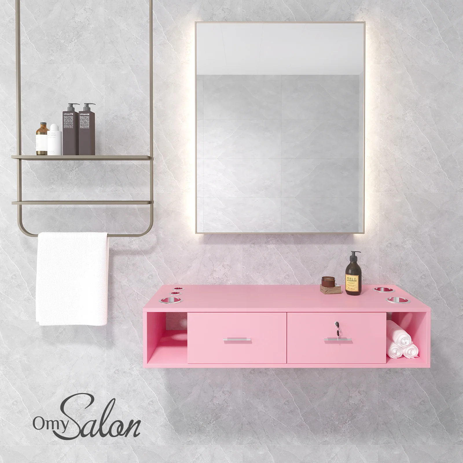 OmySalon HSC-17 Wall Mount Salon Styling Station w/2 Lockable Drawers 2 Side Open Space 5 Hair Dryer Holders - Image 16