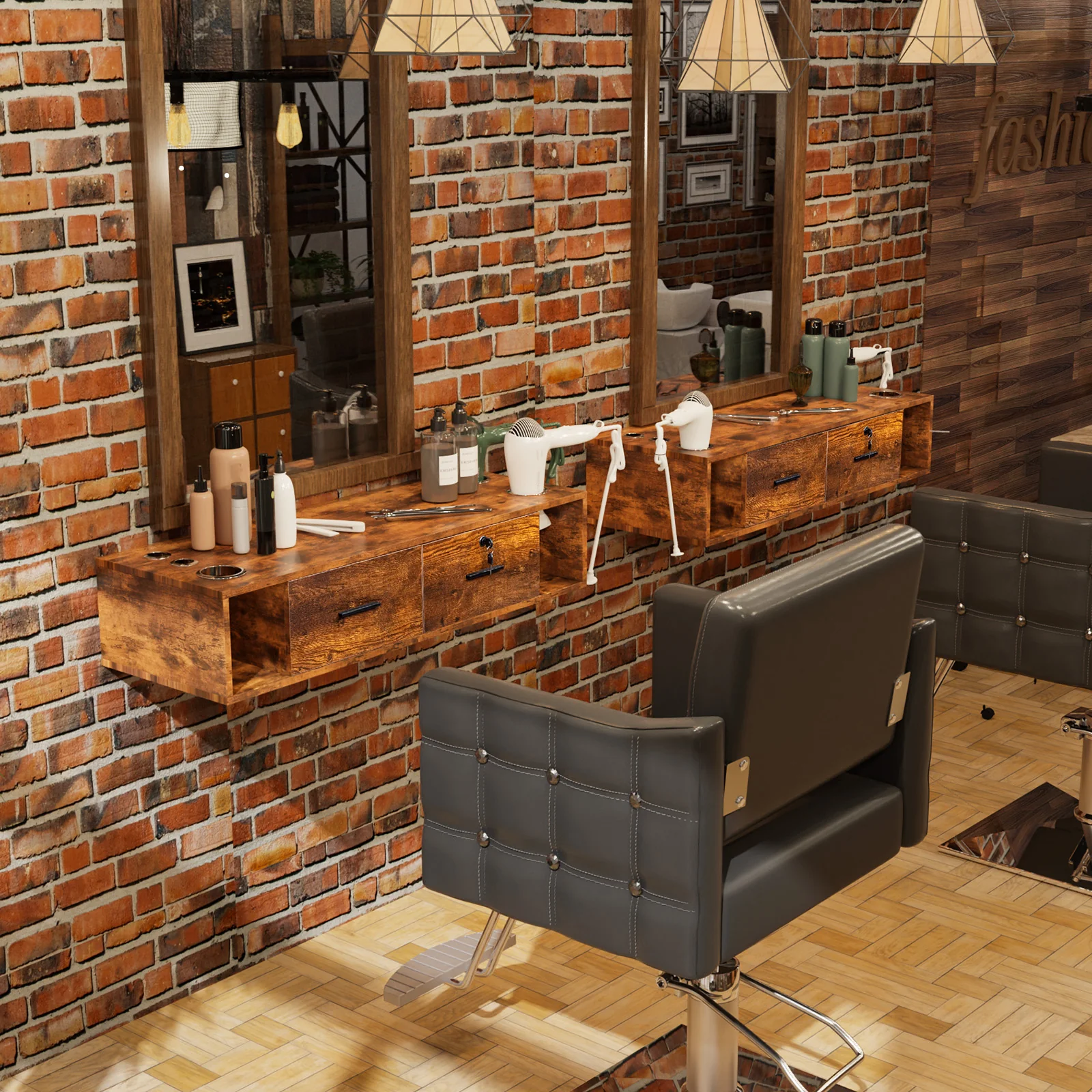 OmySalon HSC-17 Wall Mount Salon Styling Station w/2 Lockable Drawers 2 Side Open Space 5 Hair Dryer Holders - Image 18