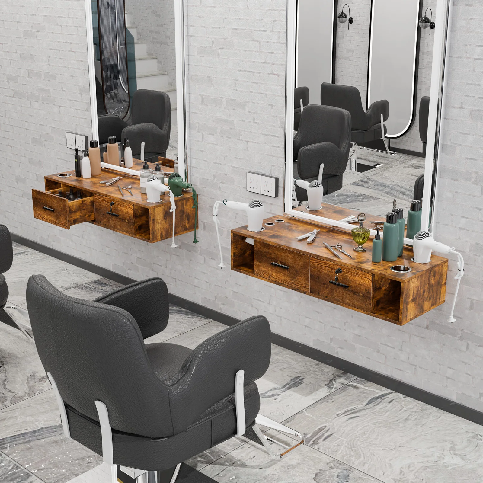 OmySalon HSC-17 Wall Mount Salon Styling Station w/2 Lockable Drawers 2 Side Open Space 5 Hair Dryer Holders - Image 19