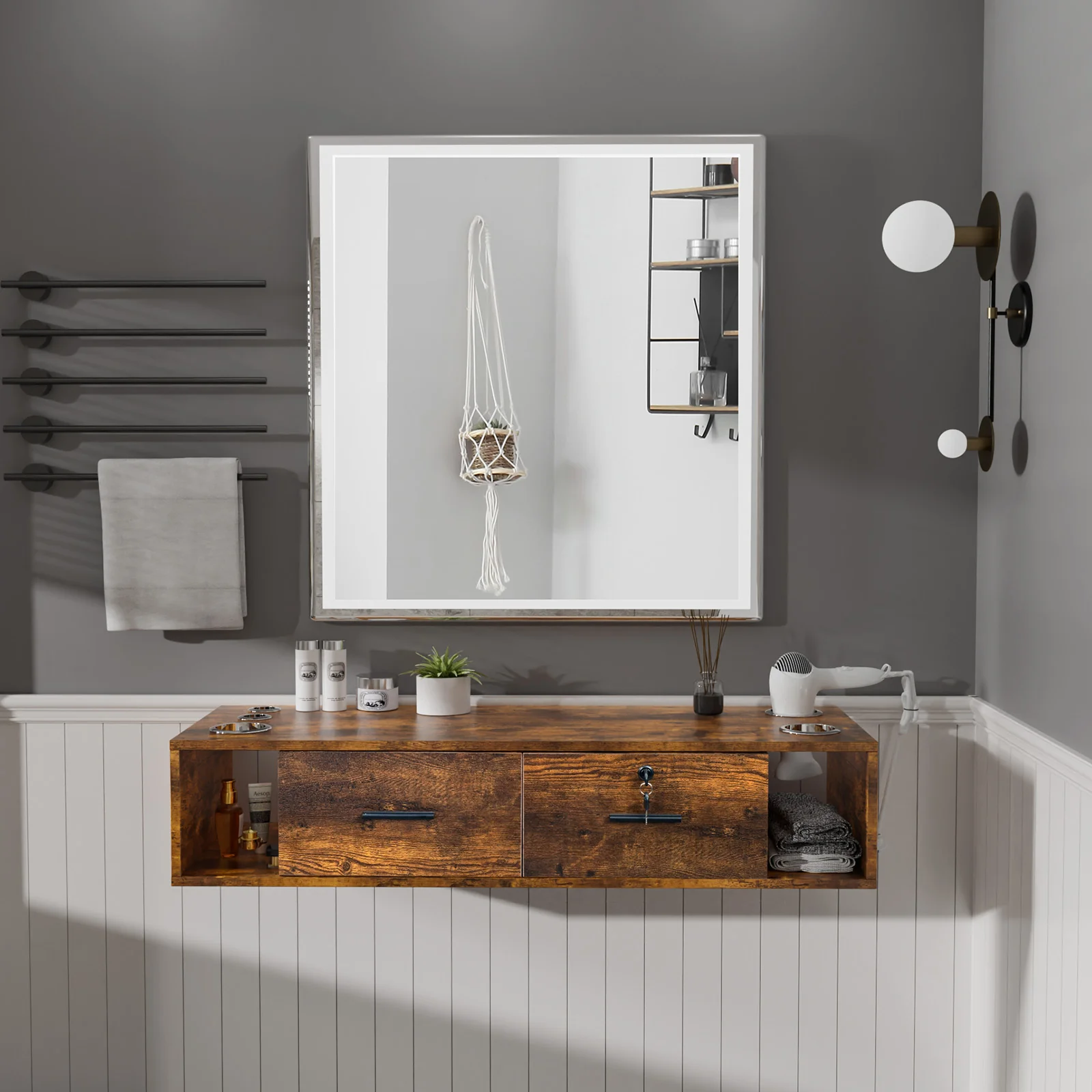OmySalon HSC-17 Wall Mount Salon Styling Station w/2 Lockable Drawers 2 Side Open Space 5 Hair Dryer Holders - Image 20