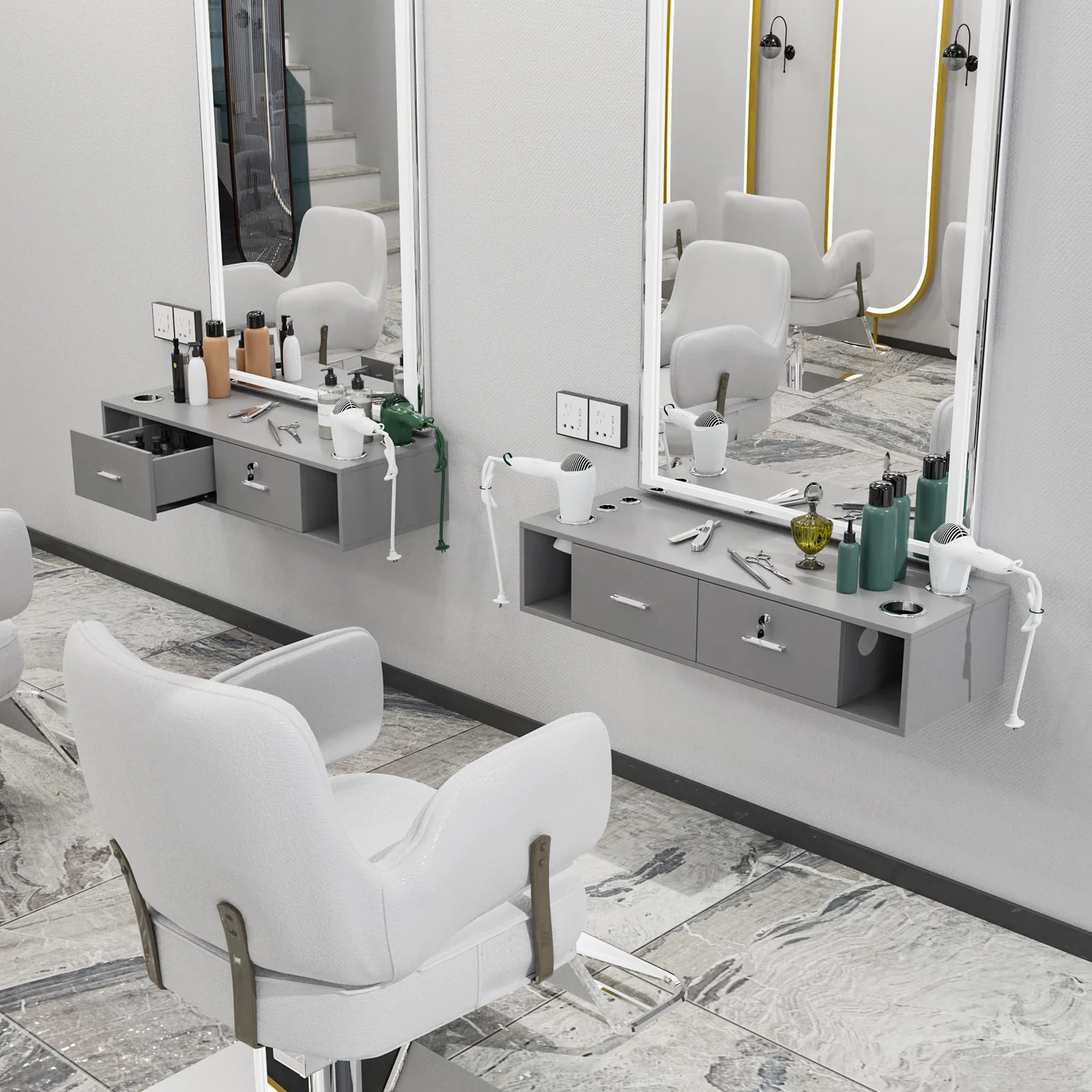 OmySalon HSC-17 Wall Mount Salon Styling Station w/2 Lockable Drawers 2 Side Open Space 5 Hair Dryer Holders - Image 27