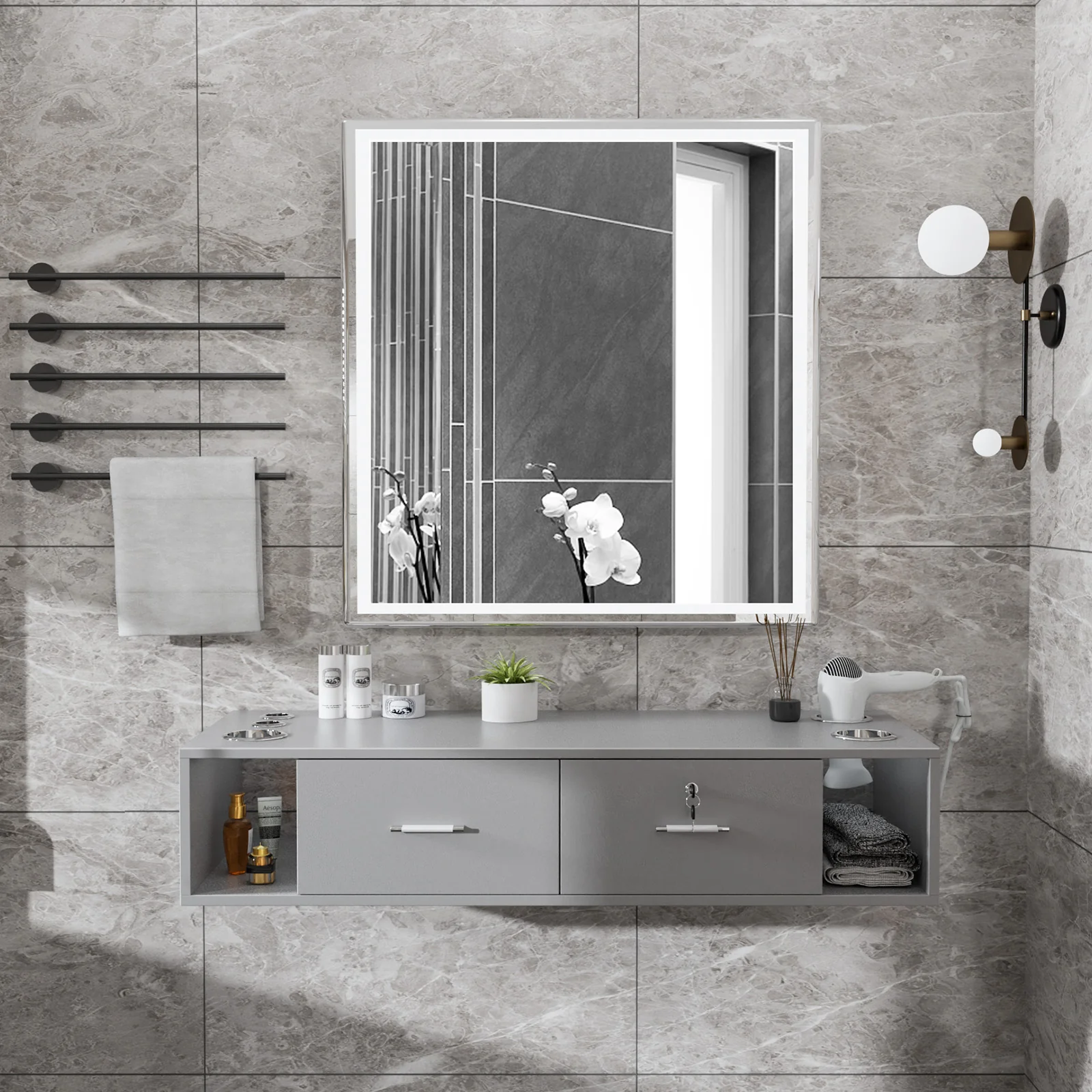OmySalon HSC-17 Wall Mount Salon Styling Station w/2 Lockable Drawers 2 Side Open Space 5 Hair Dryer Holders - Image 28