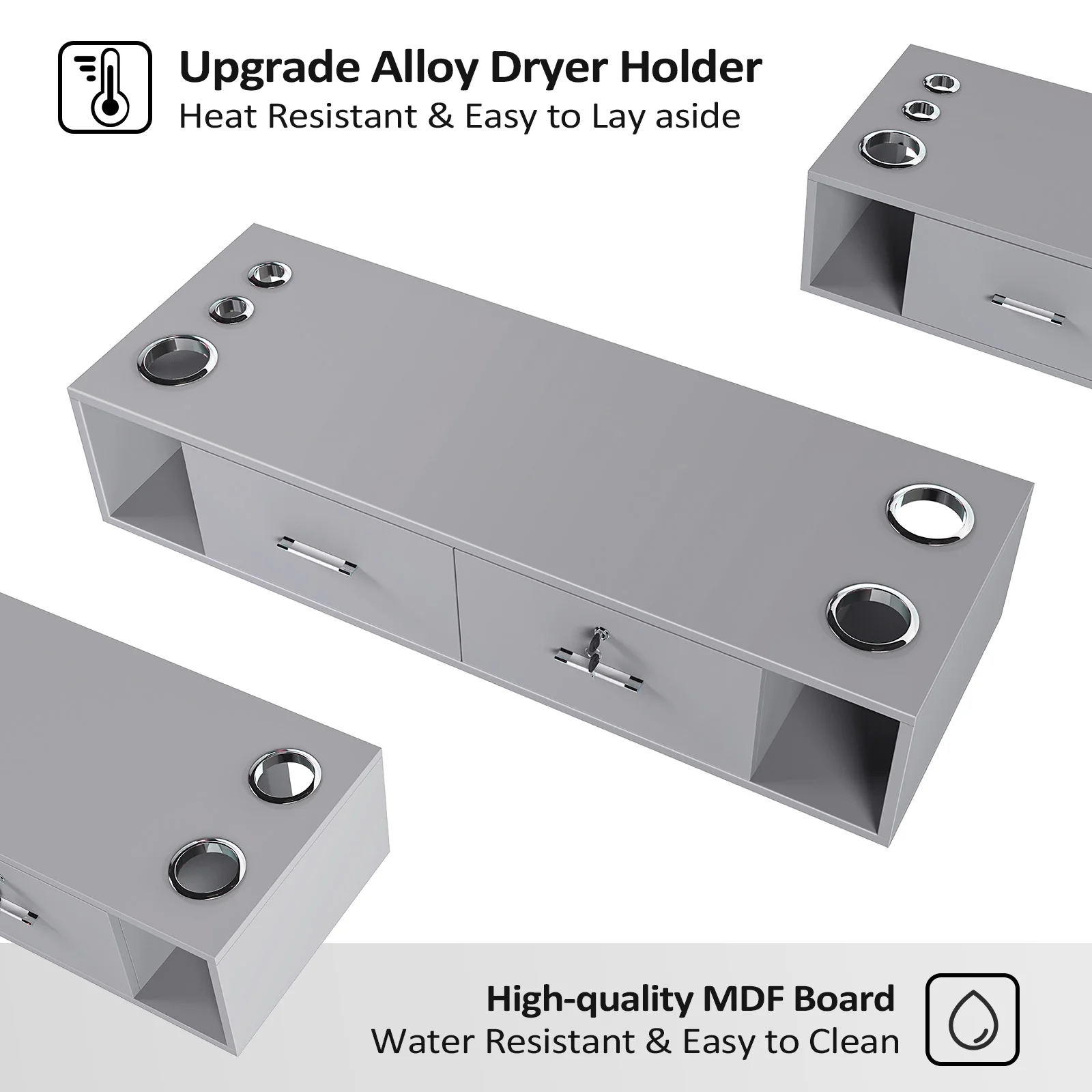 OmySalon HSC-17 Wall Mount Salon Styling Station w/2 Lockable Drawers 2 Side Open Space 5 Hair Dryer Holders - Image 29