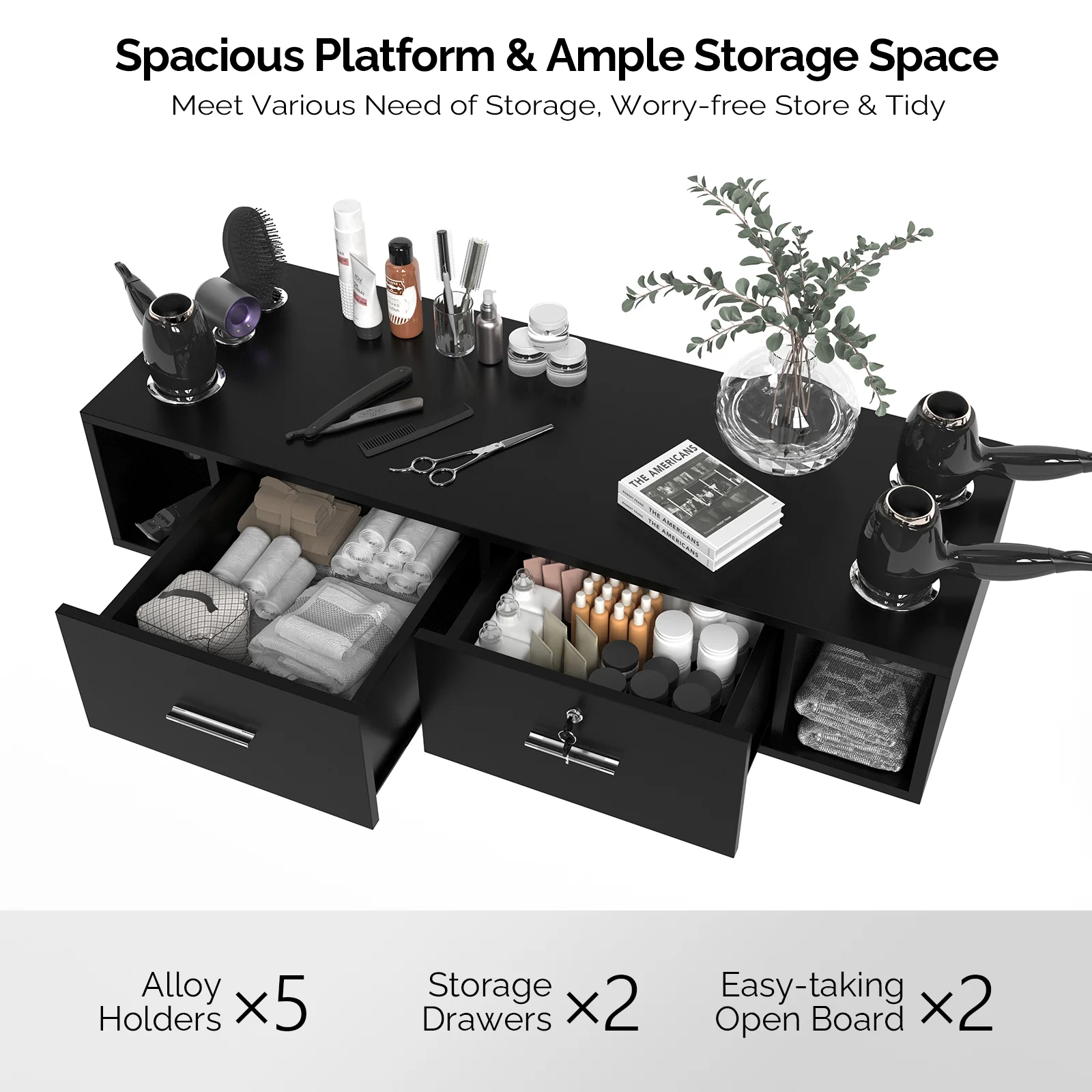 OmySalon HSC-17 Wall Mount Salon Styling Station w/2 Lockable Drawers 2 Side Open Space 5 Hair Dryer Holders - Image 4