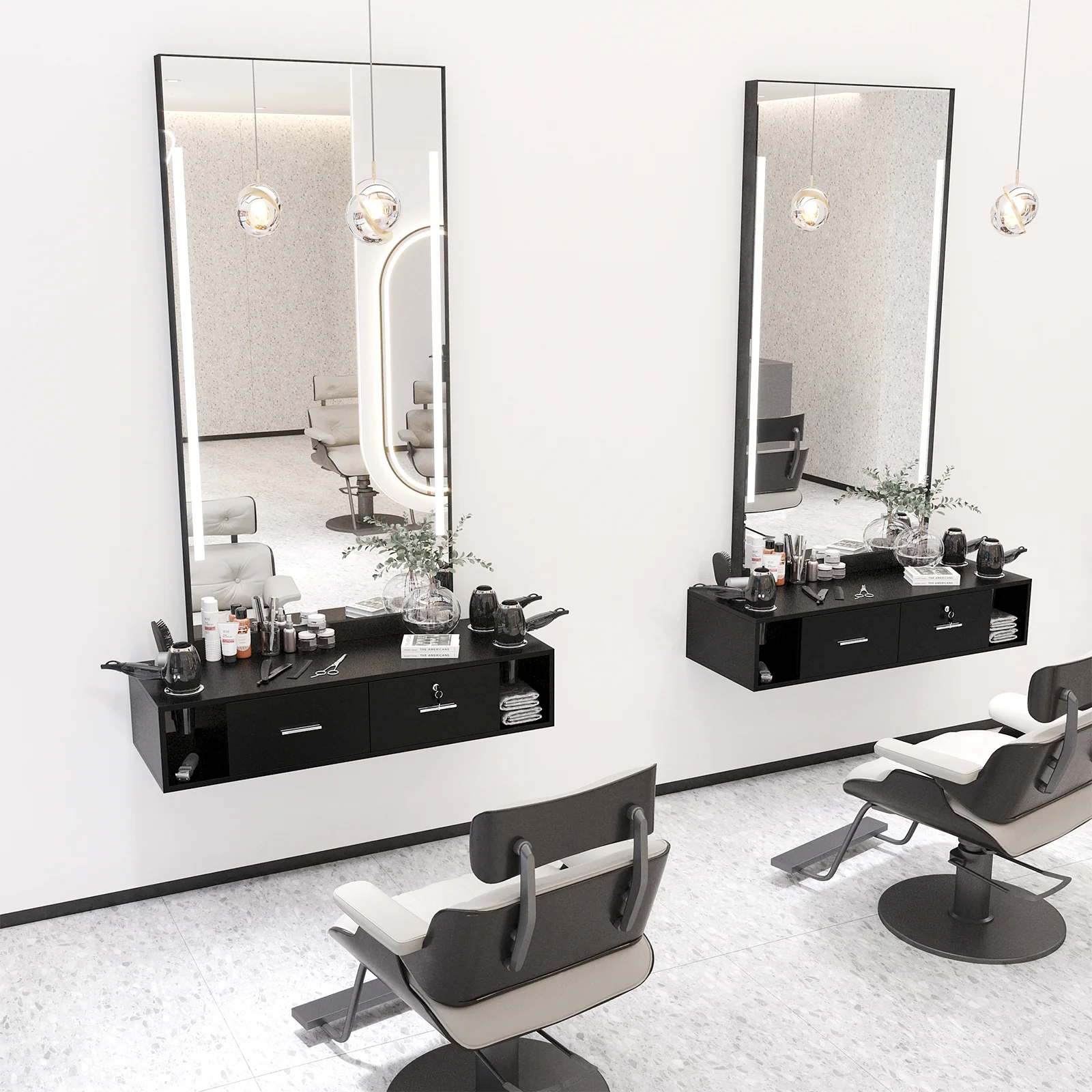 OmySalon HSC-17 Wall Mount Salon Styling Station w/2 Lockable Drawers 2 Side Open Space 5 Hair Dryer Holders - Image 7