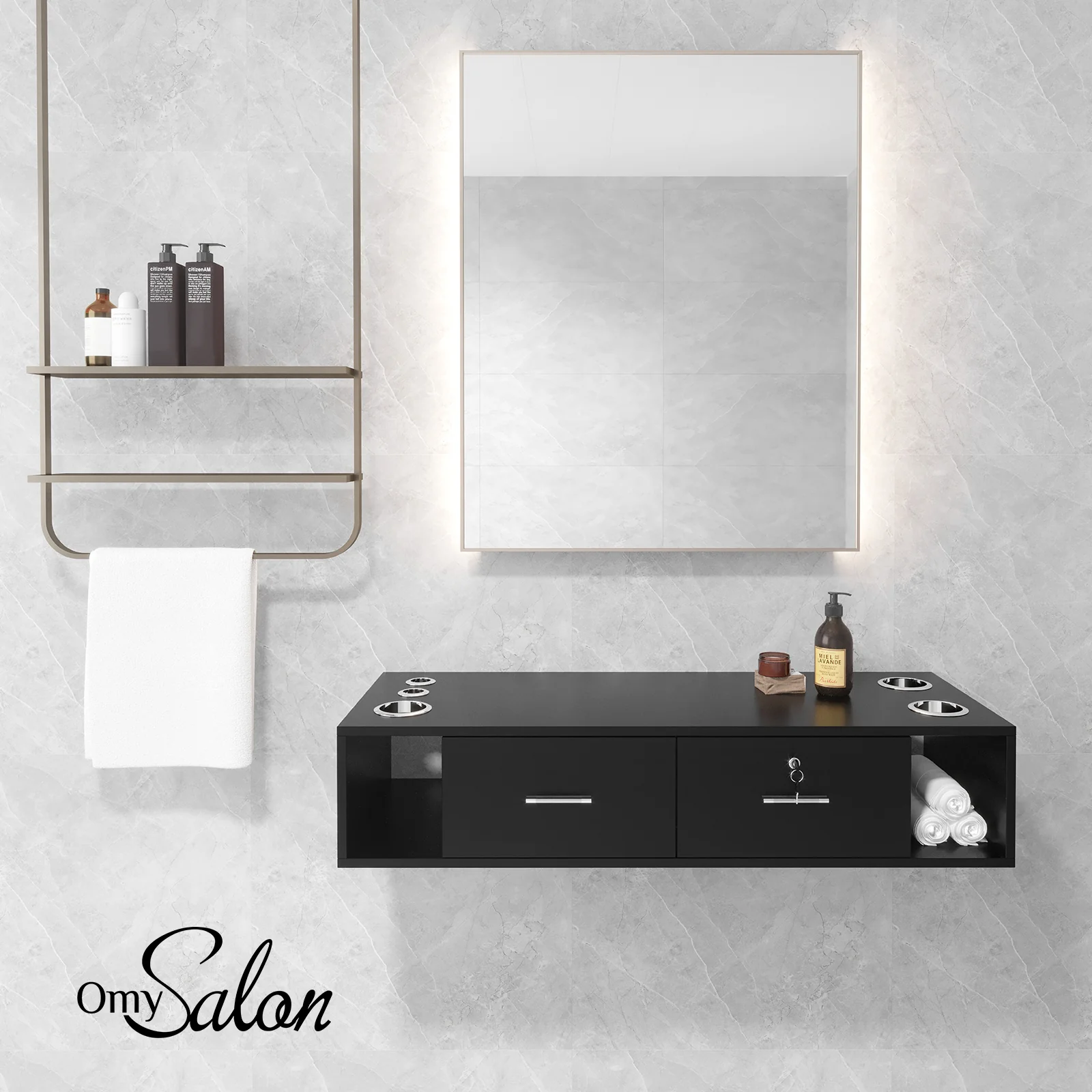 OmySalon HSC-17 Wall Mount Salon Styling Station w/2 Lockable Drawers 2 Side Open Space 5 Hair Dryer Holders - Image 8