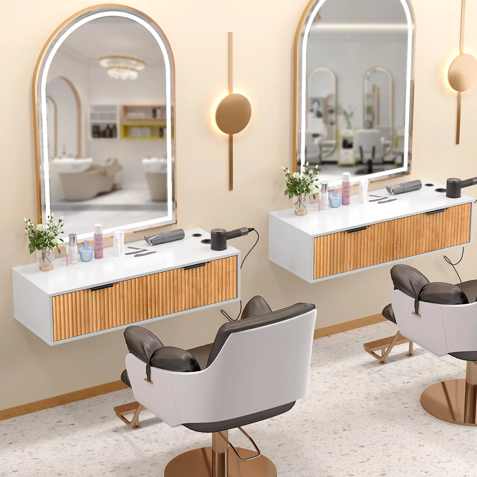 OmySalon WMSCTD Modern Retro Wall Mount Salon Styling Station with 2 Drawers 3 Heat-Resistant Tool Holders - Image 11