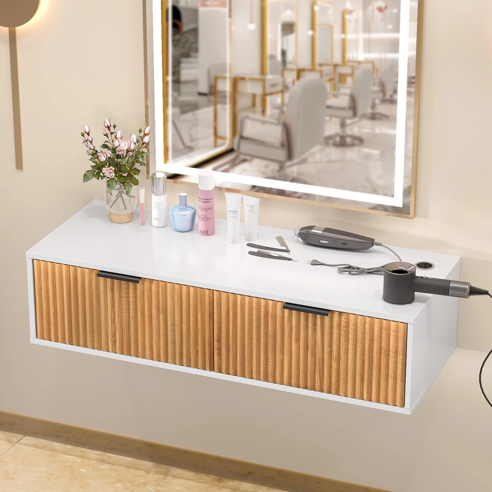 OmySalon WMSCTD Modern Retro Wall Mount Salon Styling Station with 2 Drawers 3 Heat-Resistant Tool Holders - Image 18