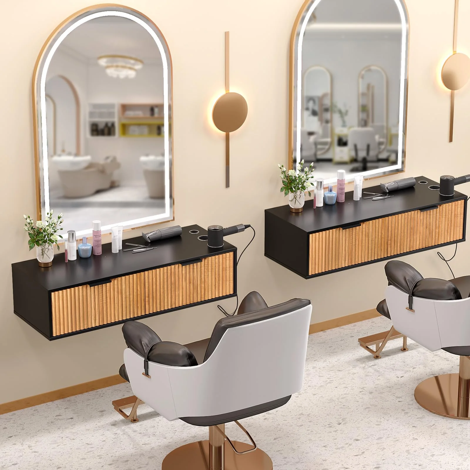 OmySalon WMSCTD Modern Retro Wall Mount Salon Styling Station with 2 Drawers 3 Heat-Resistant Tool Holders - Image 2