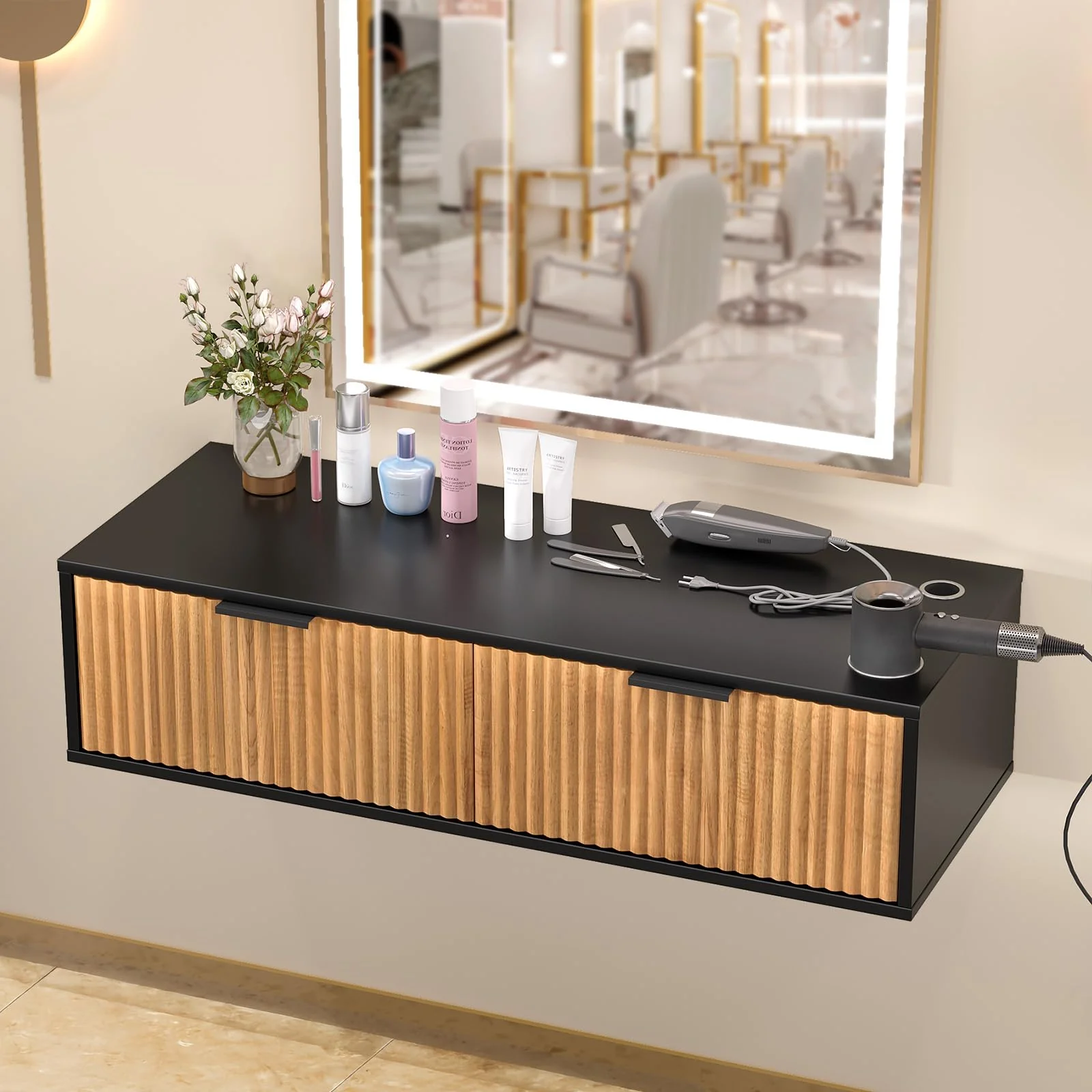 OmySalon WMSCTD Modern Retro Wall Mount Salon Styling Station with 2 Drawers 3 Heat-Resistant Tool Holders - Image 9