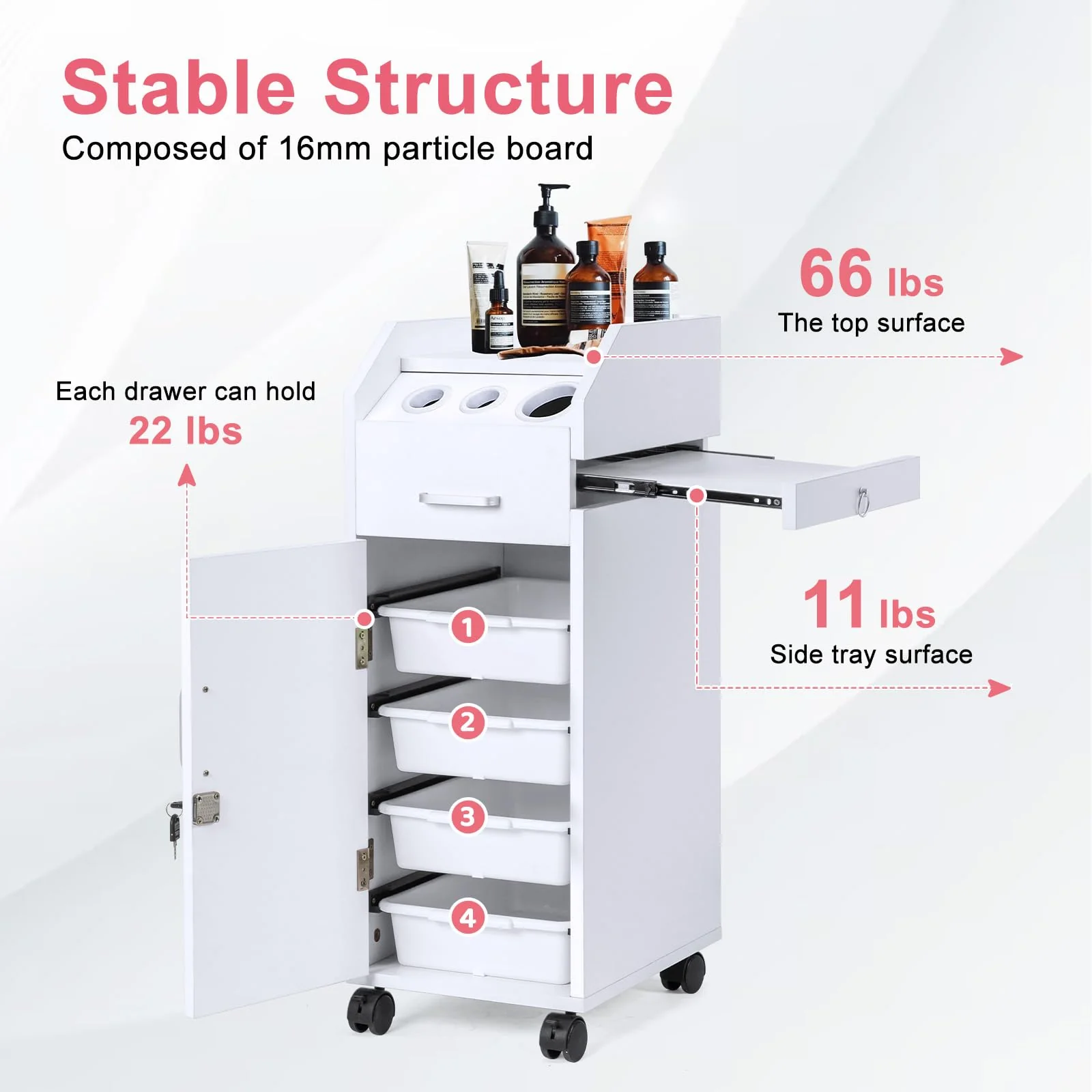 OmySalon Wooden Mobile Salon Trolley Cart w/Wheels & 4 Drawer Trays - Image 12