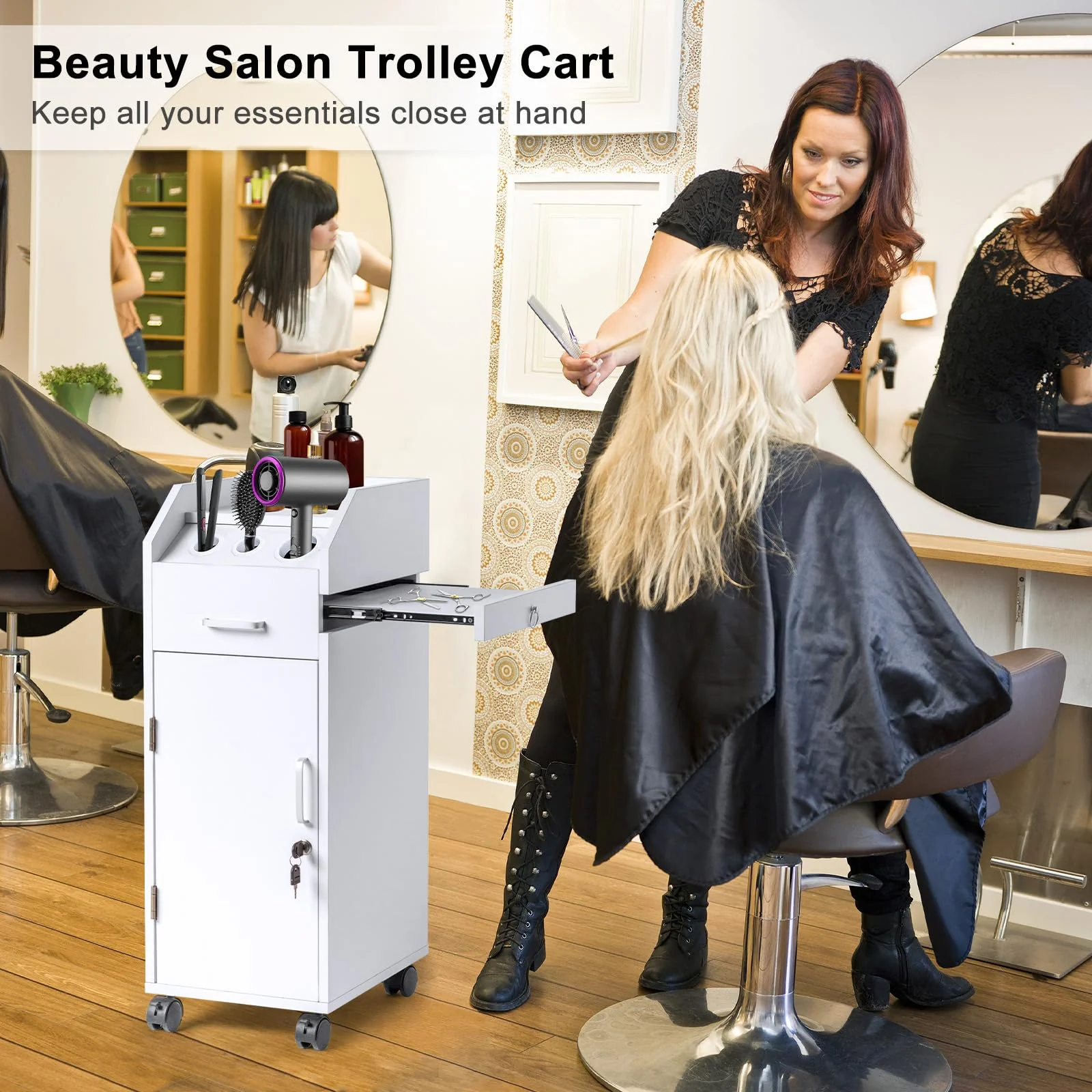 OmySalon Wooden Mobile Salon Trolley Cart w/Wheels & 4 Drawer Trays - Image 15