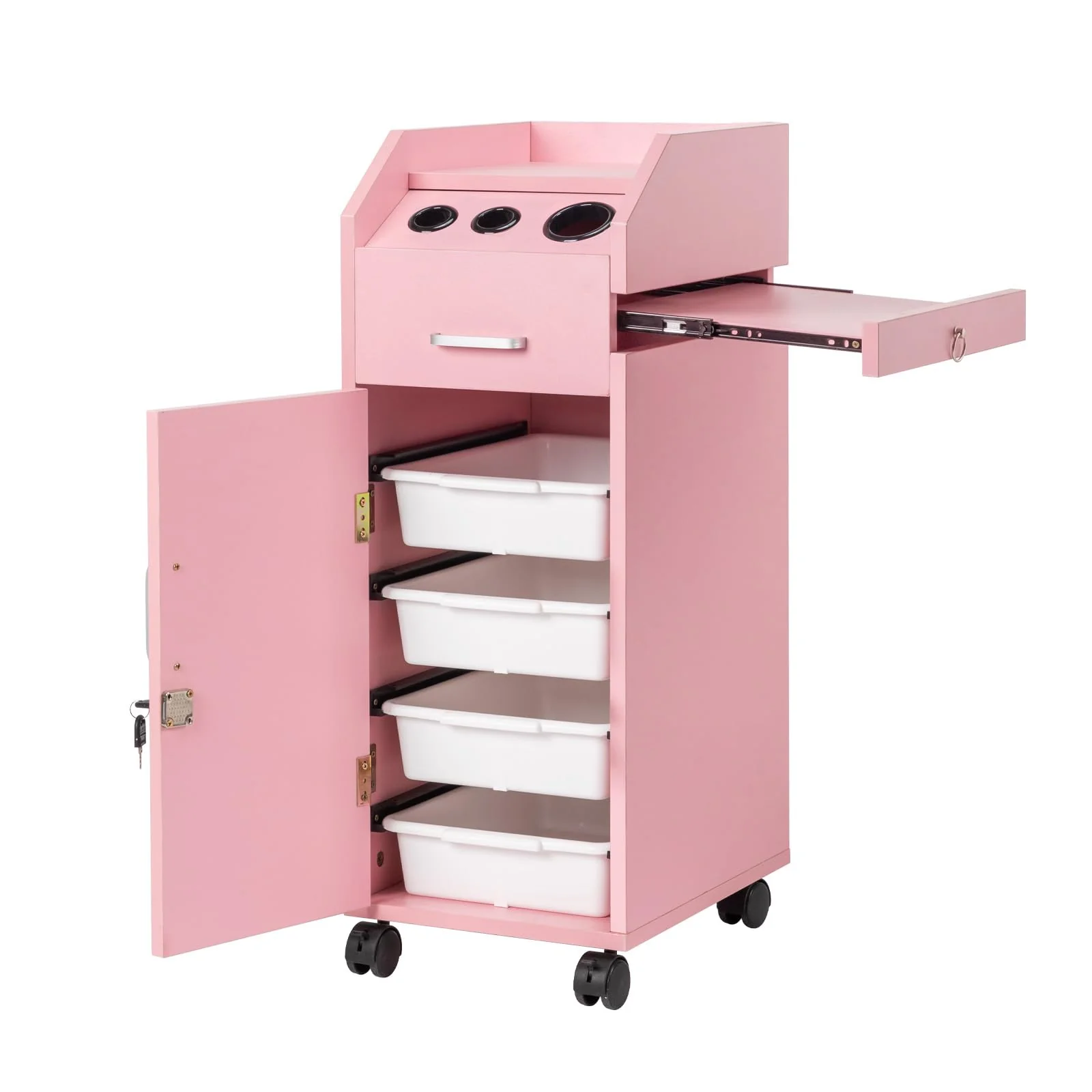 OmySalon Wooden Mobile Salon Trolley Cart w/Wheels & 4 Drawer Trays - Image 17