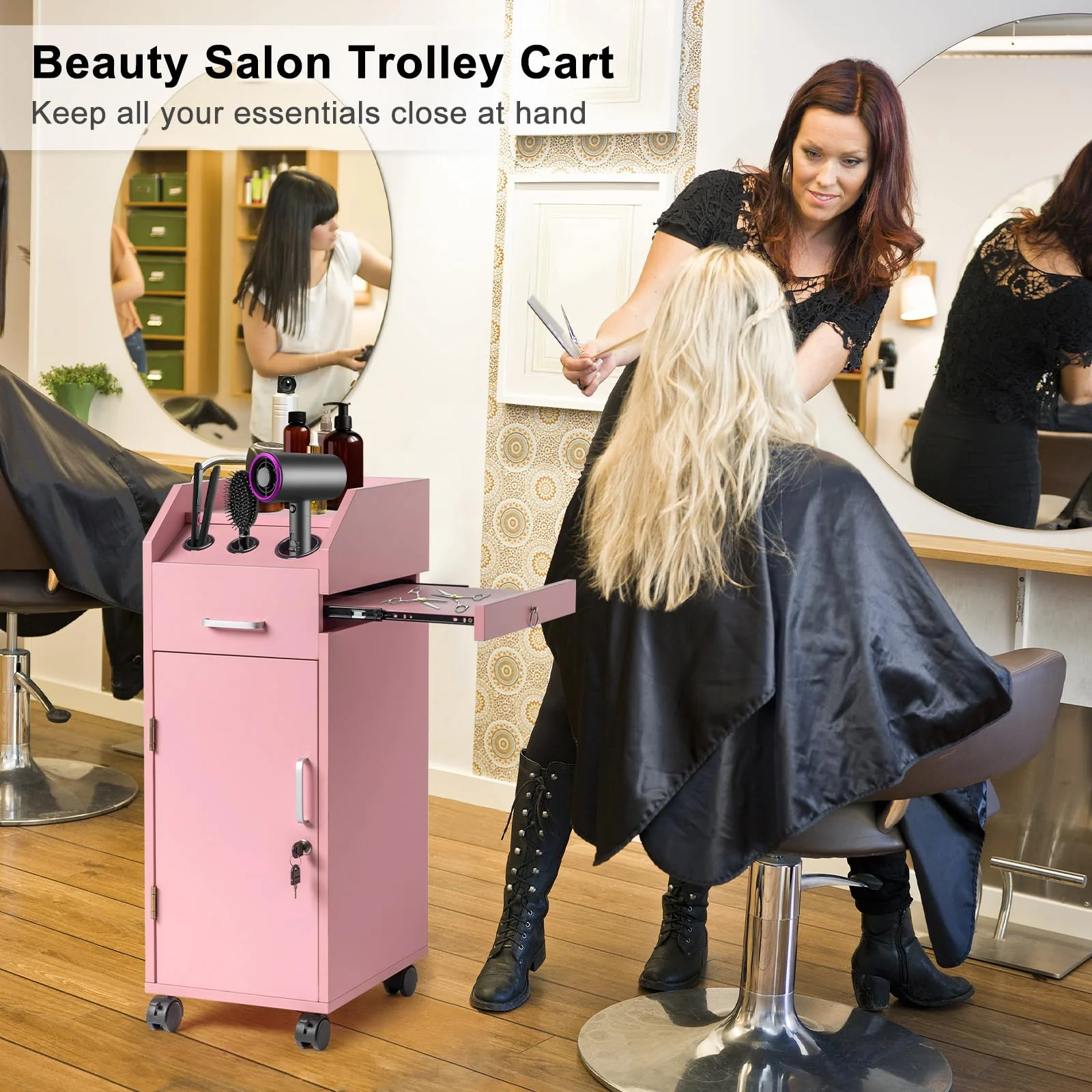 OmySalon Wooden Mobile Salon Trolley Cart w/Wheels & 4 Drawer Trays - Image 18