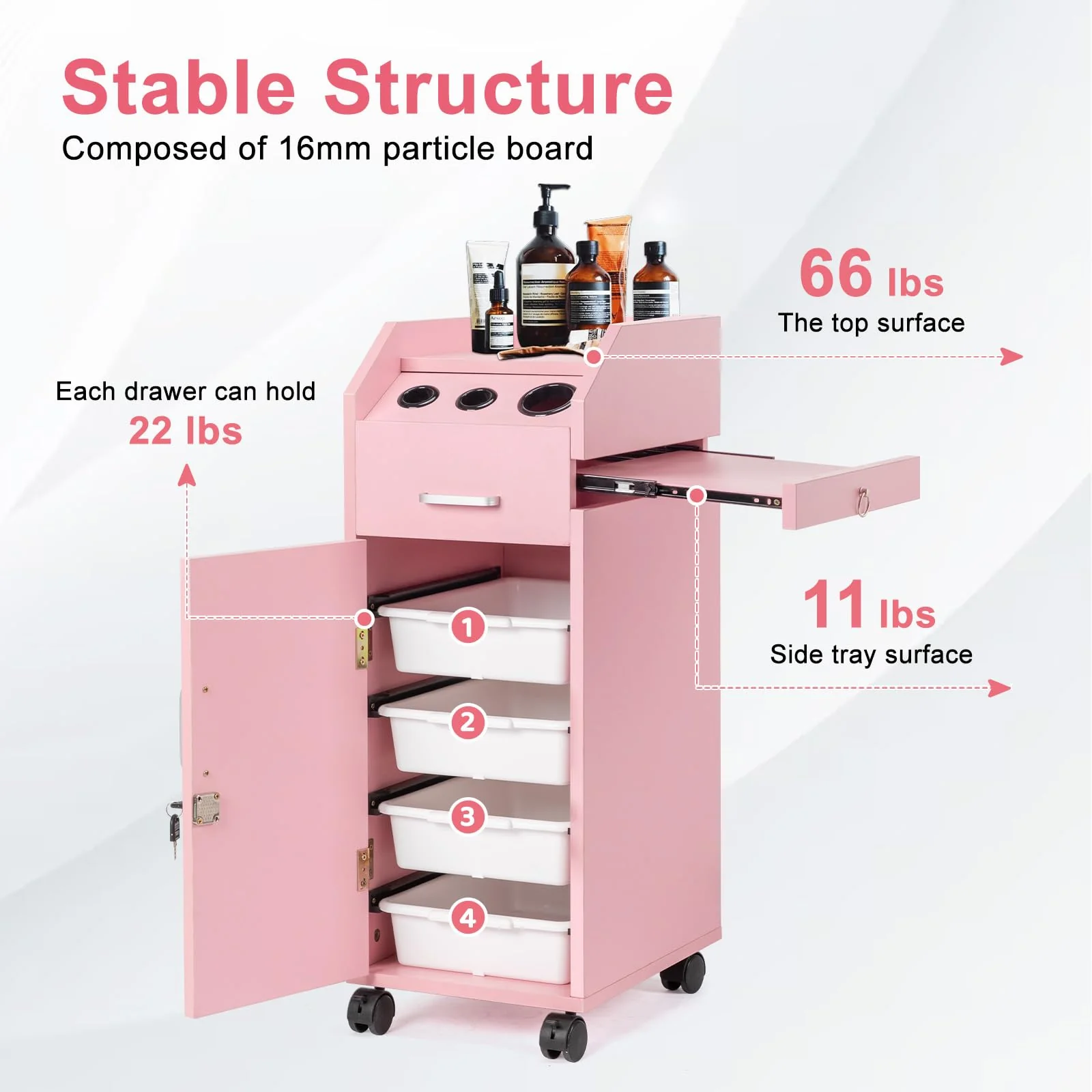 OmySalon Wooden Mobile Salon Trolley Cart w/Wheels & 4 Drawer Trays - Image 23