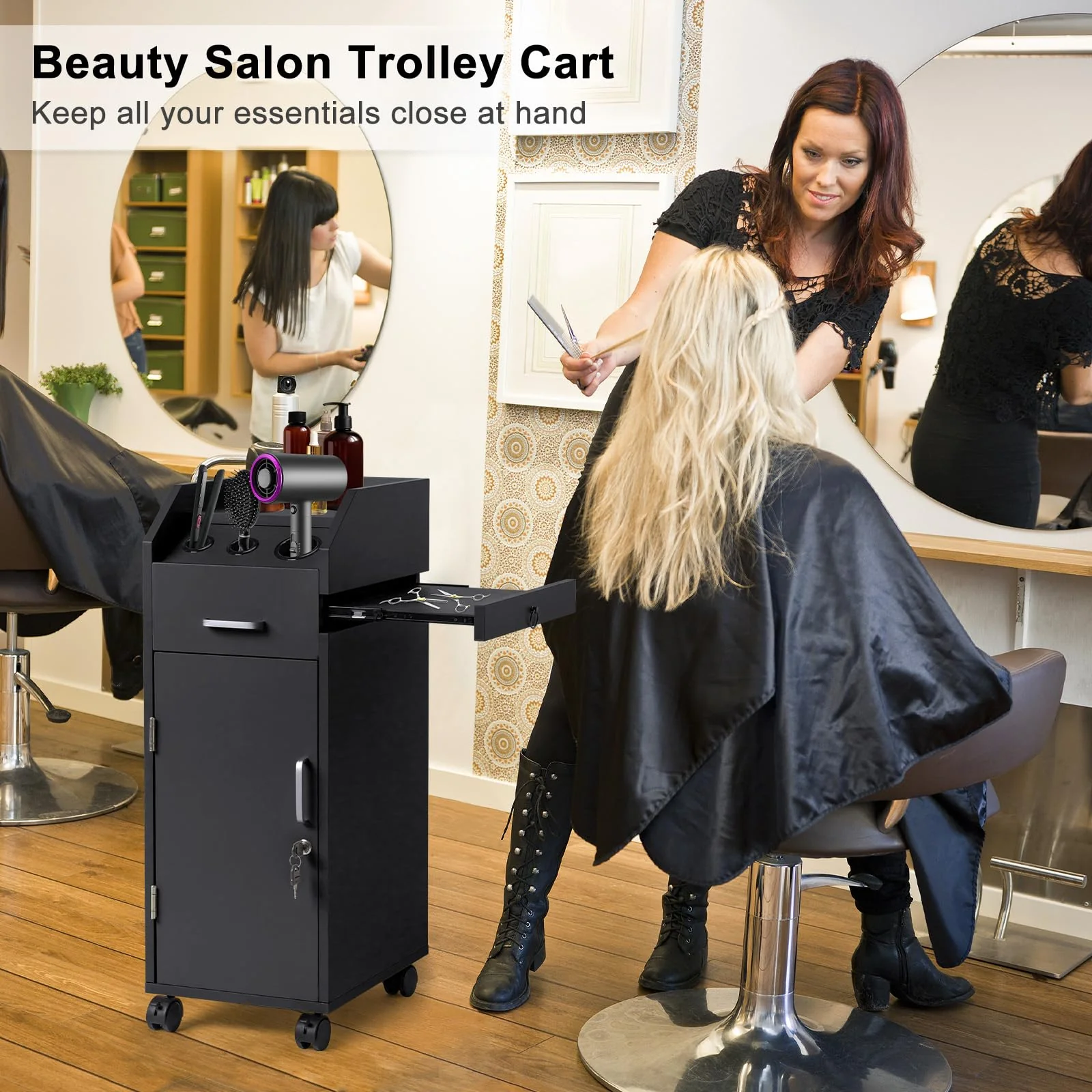 OmySalon Wooden Mobile Salon Trolley Cart w/Wheels & 4 Drawer Trays - Image 7