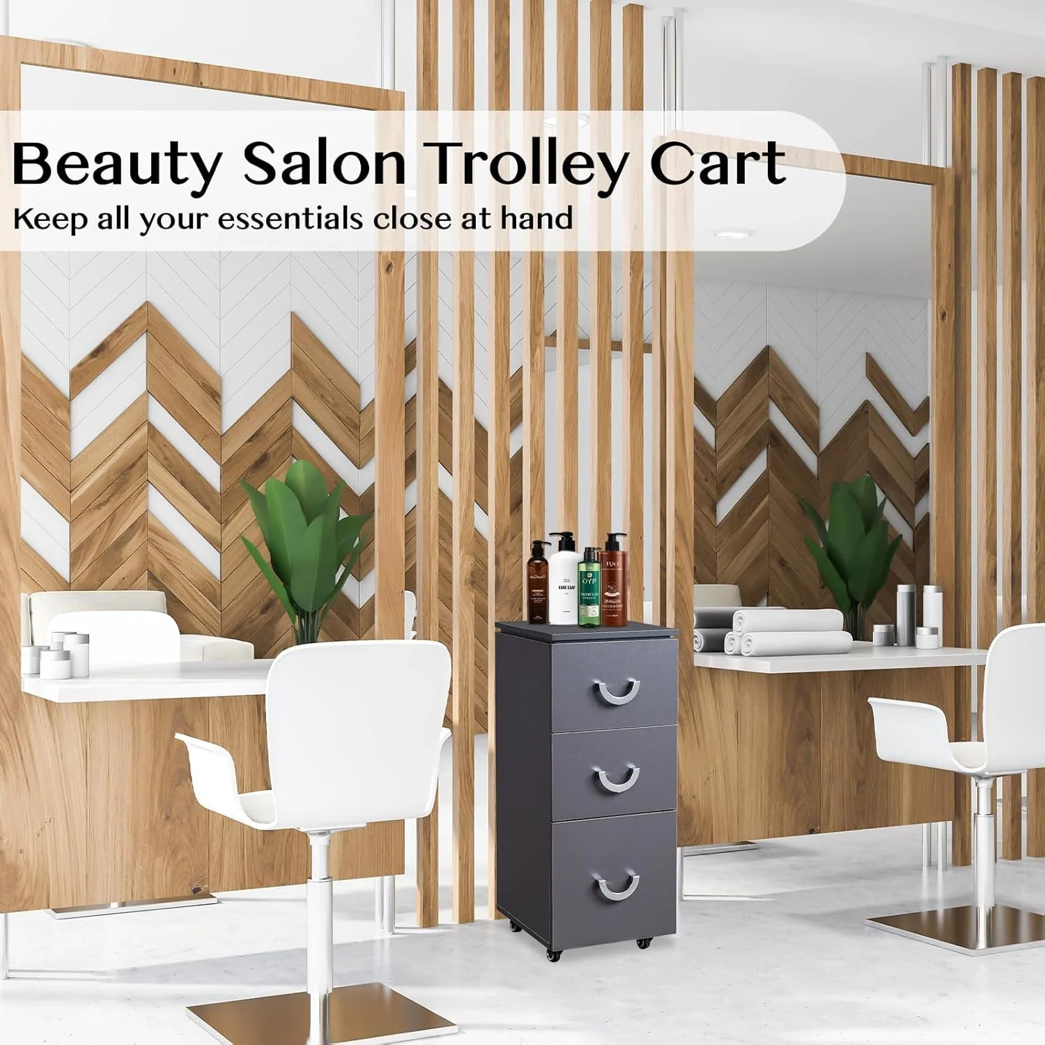 OmySalon Wooden Rolling Salon Trolley Cart w/Wheels & 3 Drawers - Image 5