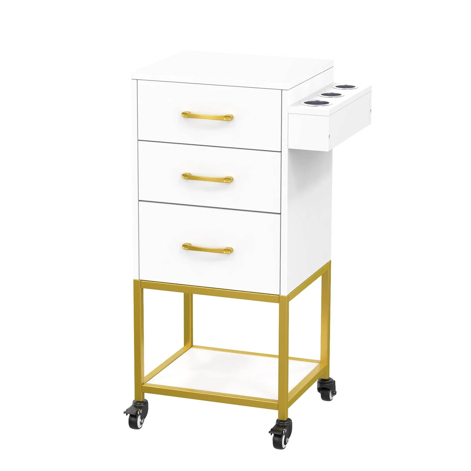 OmySalon ST-2501 Wooden Rolling Storage Trolley Cart w/Wheels & 3 Dreawers 1 Bottom Compartment Plate Hair Dryer Holders - Image 10