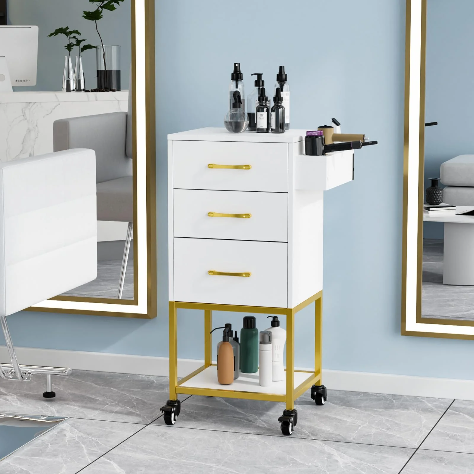 OmySalon ST-2501 Wooden Rolling Storage Trolley Cart w/Wheels & 3 Dreawers 1 Bottom Compartment Plate Hair Dryer Holders - Image 11