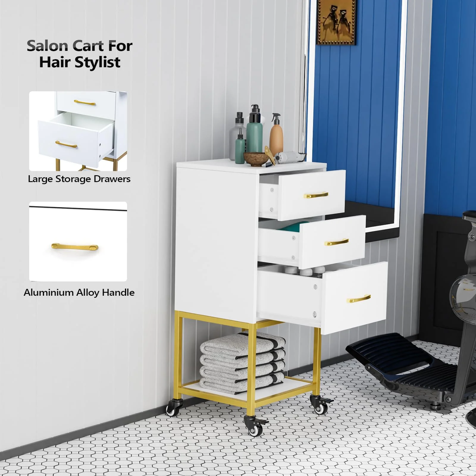 OmySalon ST-2501 Wooden Rolling Storage Trolley Cart w/Wheels & 3 Dreawers 1 Bottom Compartment Plate Hair Dryer Holders - Image 12