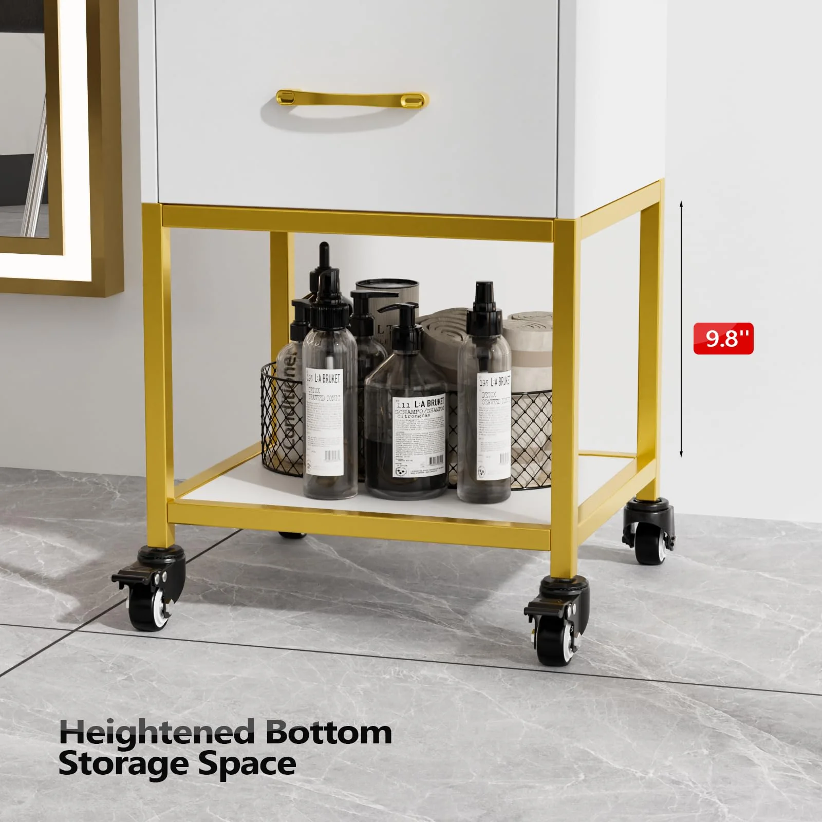 OmySalon ST-2501 Wooden Rolling Storage Trolley Cart w/Wheels & 3 Dreawers 1 Bottom Compartment Plate Hair Dryer Holders - Image 14