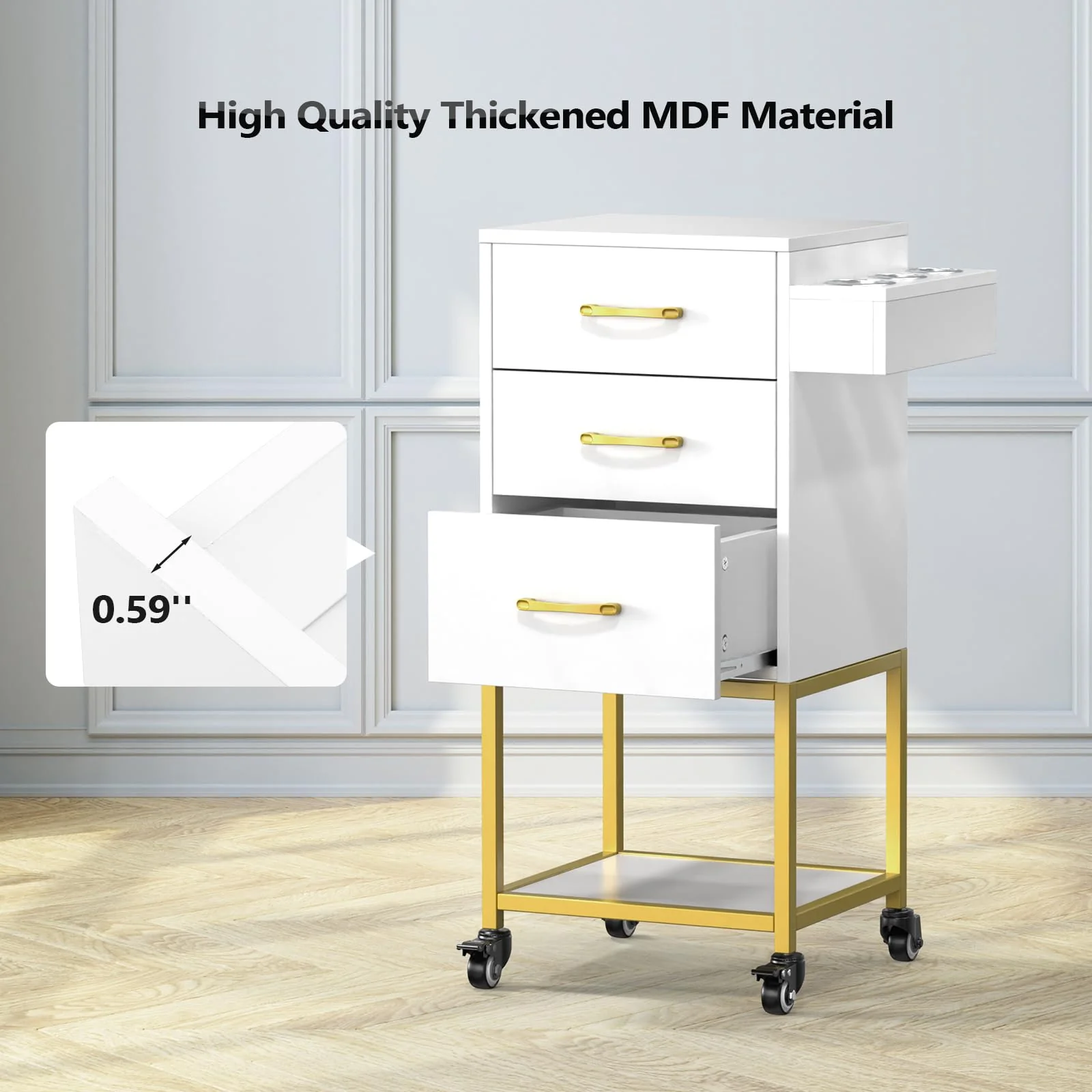 OmySalon ST-2501 Wooden Rolling Storage Trolley Cart w/Wheels & 3 Dreawers 1 Bottom Compartment Plate Hair Dryer Holders - Image 15