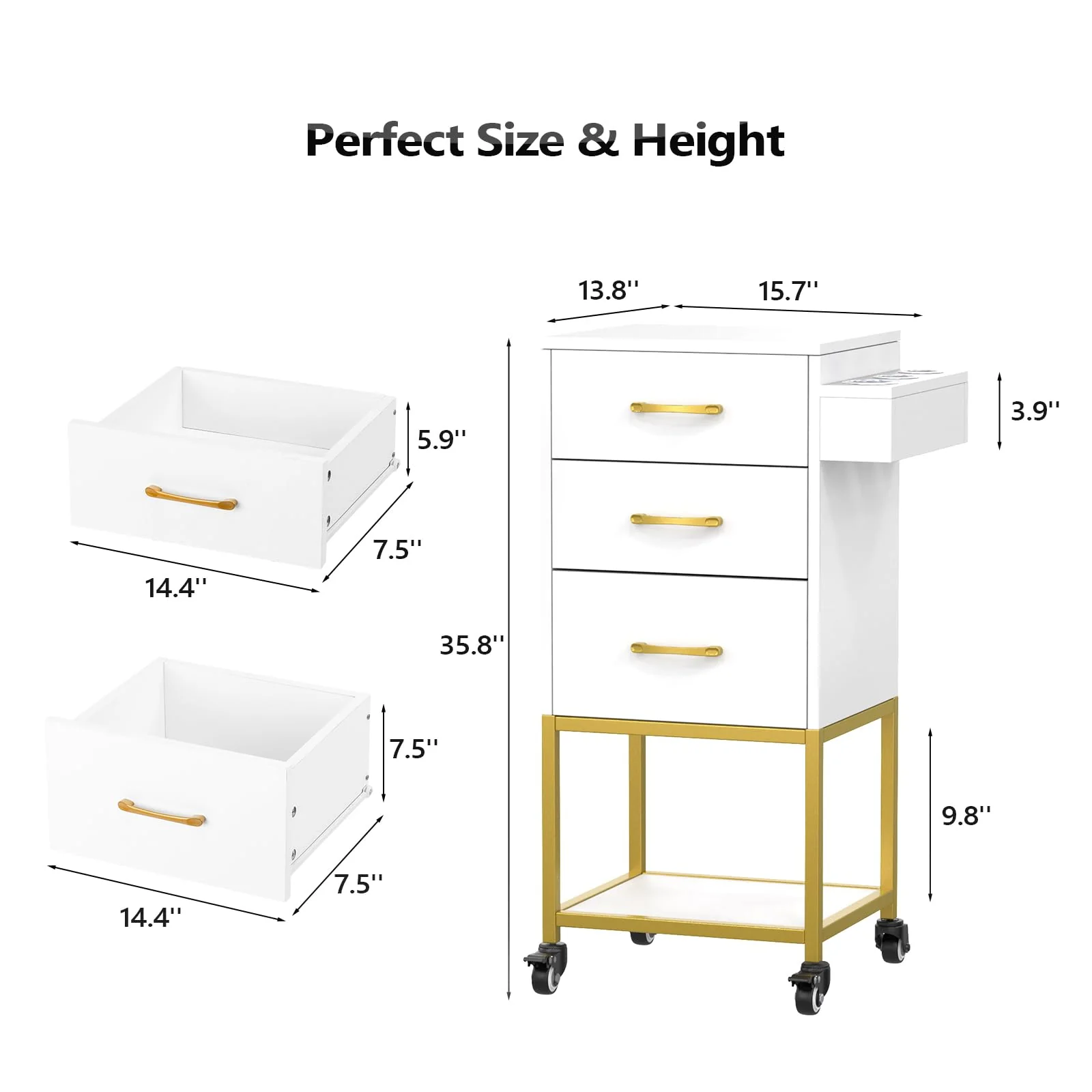 OmySalon ST-2501 Wooden Rolling Storage Trolley Cart w/Wheels & 3 Dreawers 1 Bottom Compartment Plate Hair Dryer Holders - Image 17