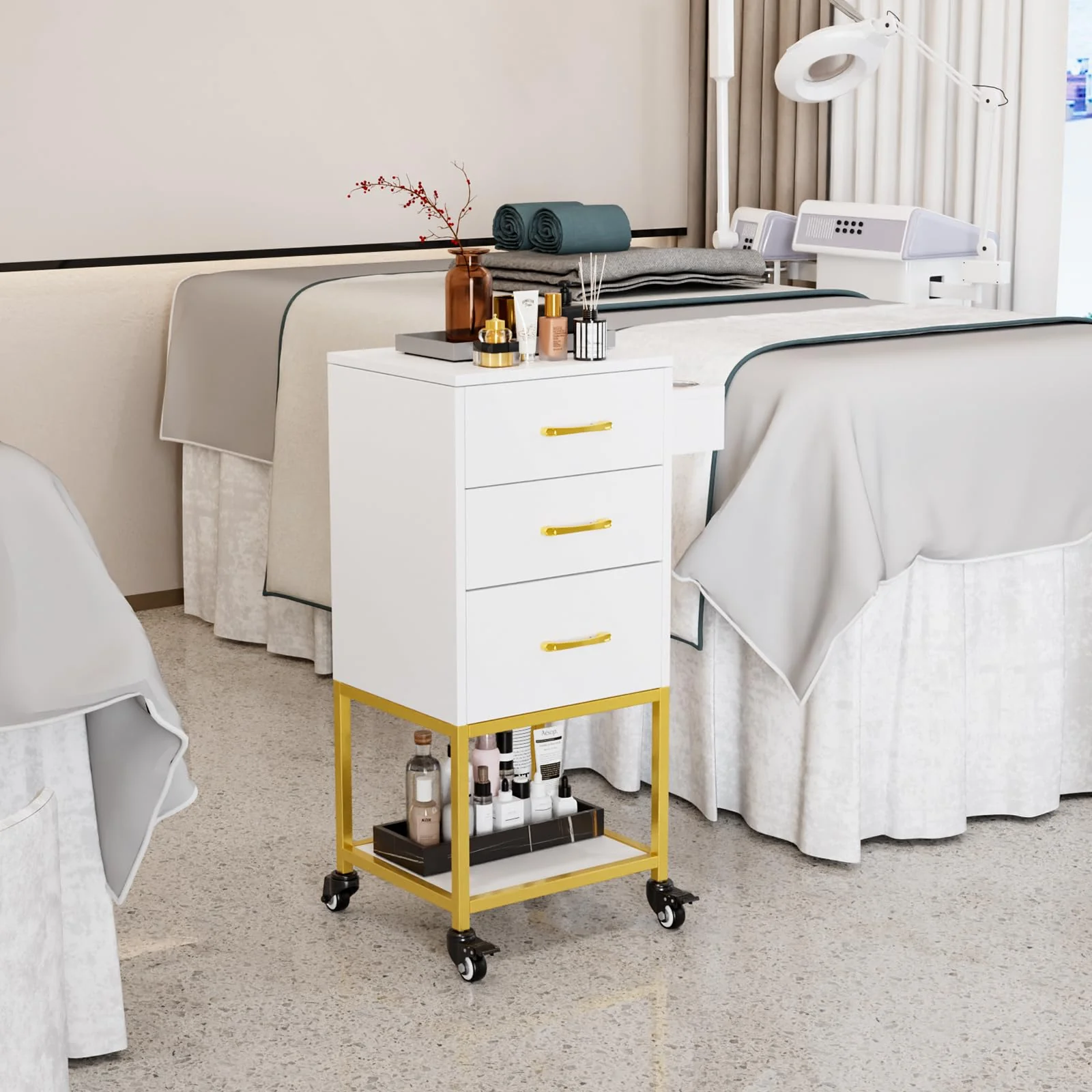 OmySalon ST-2501 Wooden Rolling Storage Trolley Cart w/Wheels & 3 Dreawers 1 Bottom Compartment Plate Hair Dryer Holders - Image 18