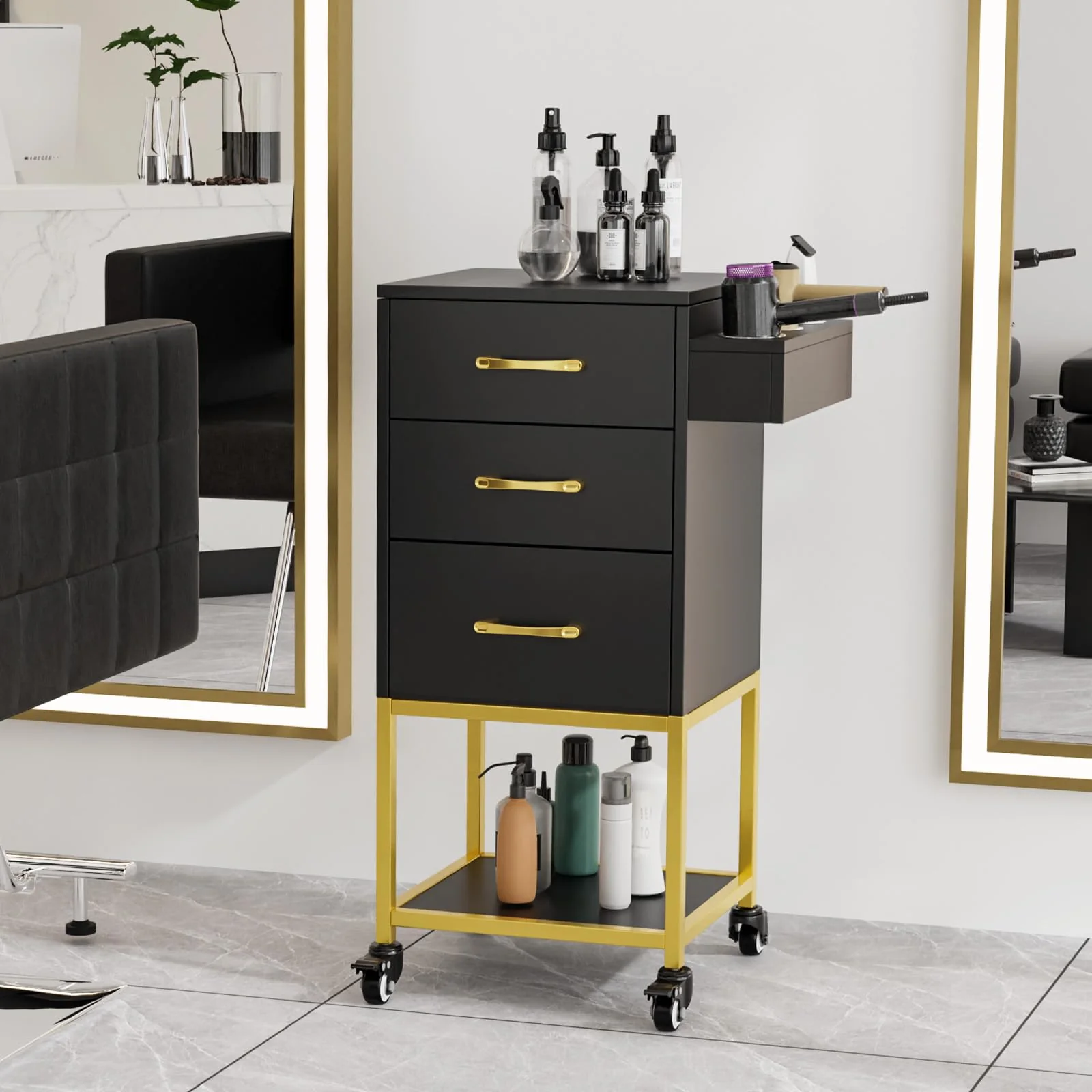 OmySalon ST-2501 Wooden Rolling Storage Trolley Cart w/Wheels & 3 Dreawers 1 Bottom Compartment Plate Hair Dryer Holders - Image 2