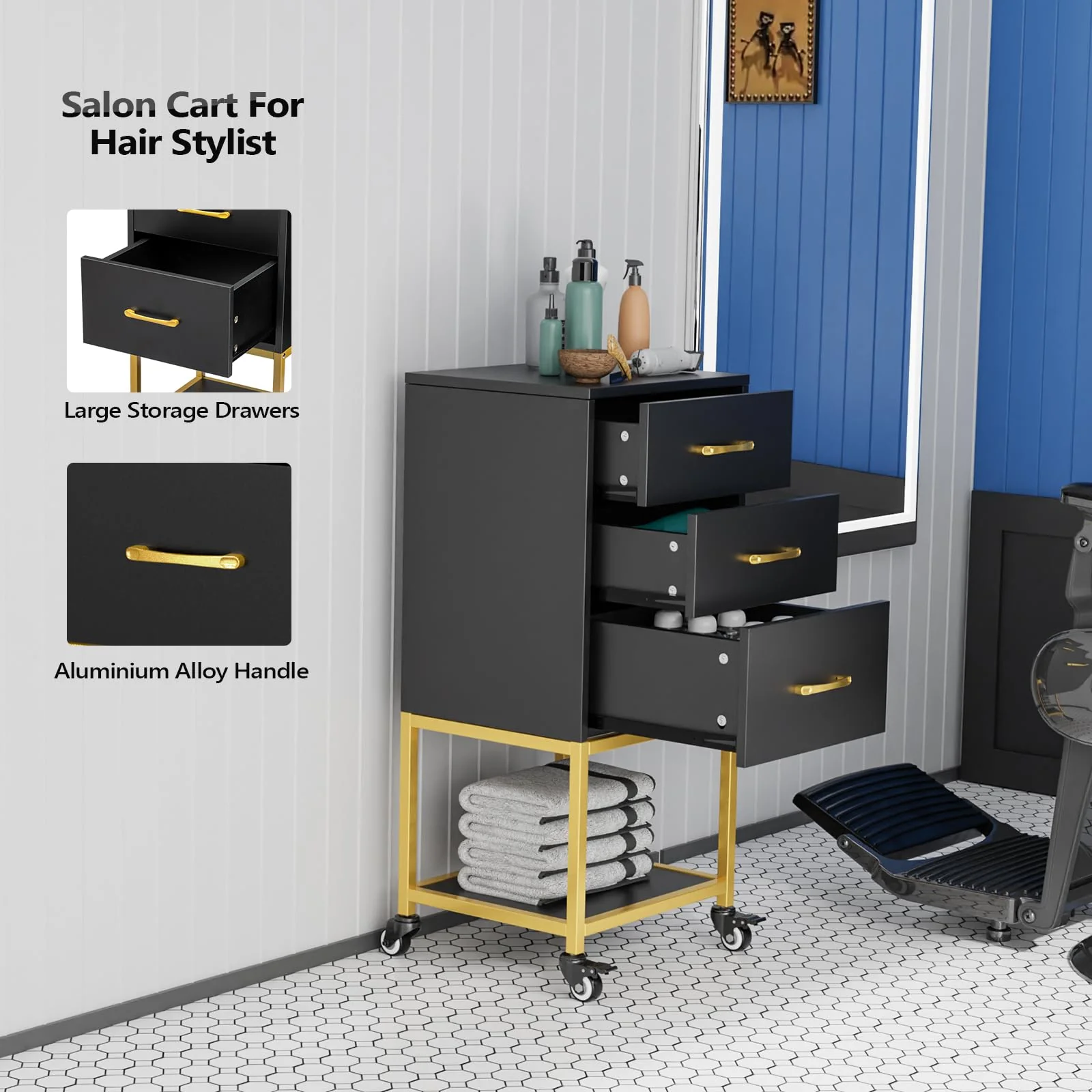 OmySalon ST-2501 Wooden Rolling Storage Trolley Cart w/Wheels & 3 Dreawers 1 Bottom Compartment Plate Hair Dryer Holders - Image 3