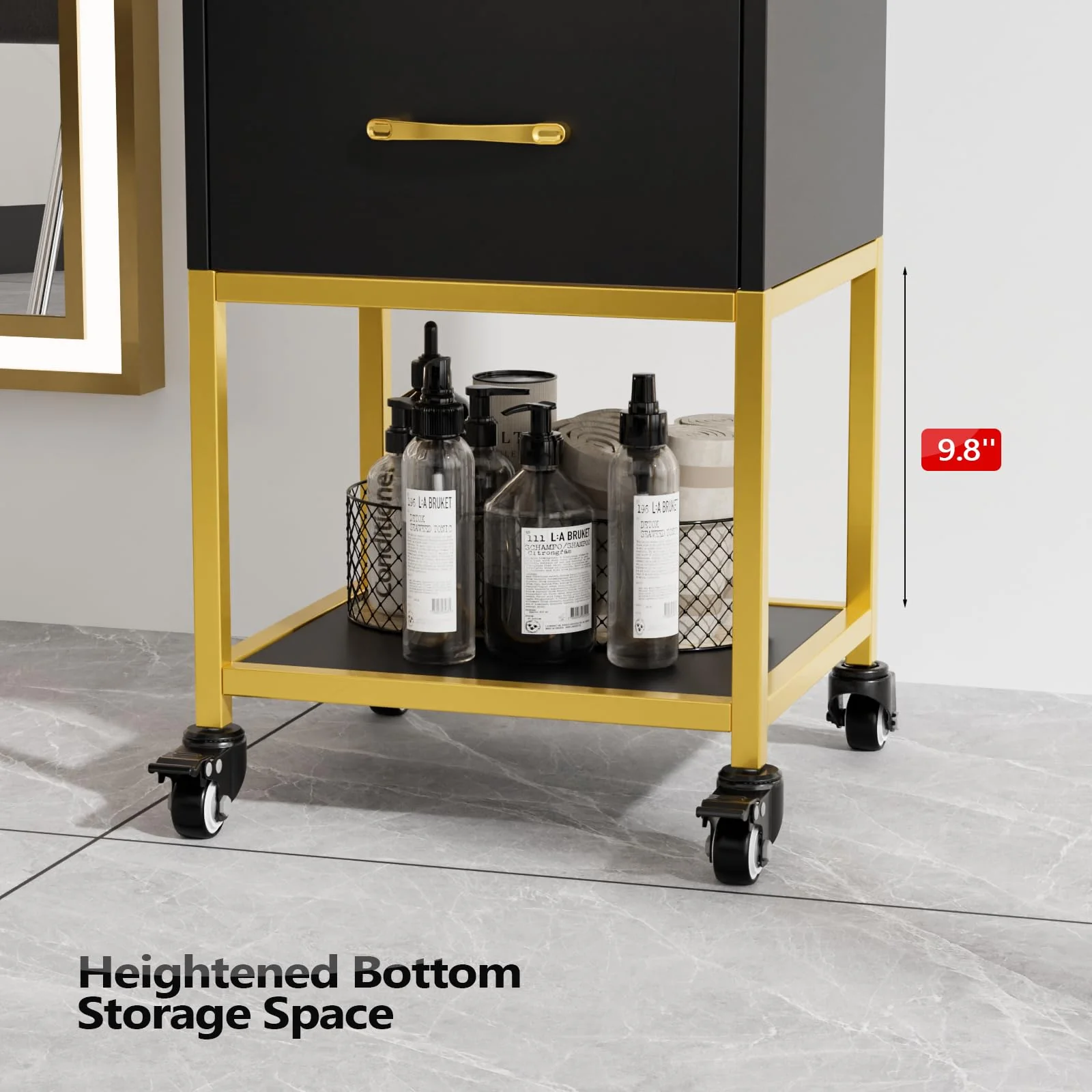 OmySalon ST-2501 Wooden Rolling Storage Trolley Cart w/Wheels & 3 Dreawers 1 Bottom Compartment Plate Hair Dryer Holders - Image 5