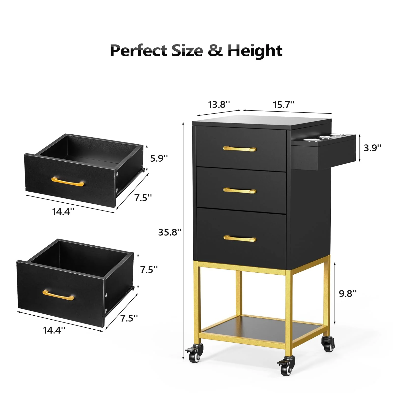 OmySalon ST-2501 Wooden Rolling Storage Trolley Cart w/Wheels & 3 Dreawers 1 Bottom Compartment Plate Hair Dryer Holders - Image 8
